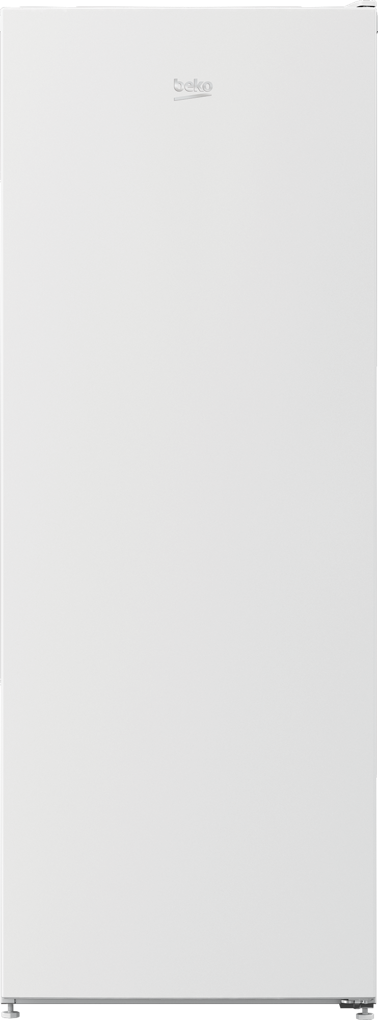Ein weißer Beko-Kühlschrank. Oben befindet sich ein silbernes Logo. Die Tür ist schlicht weiß. Der Sockel ist silber.