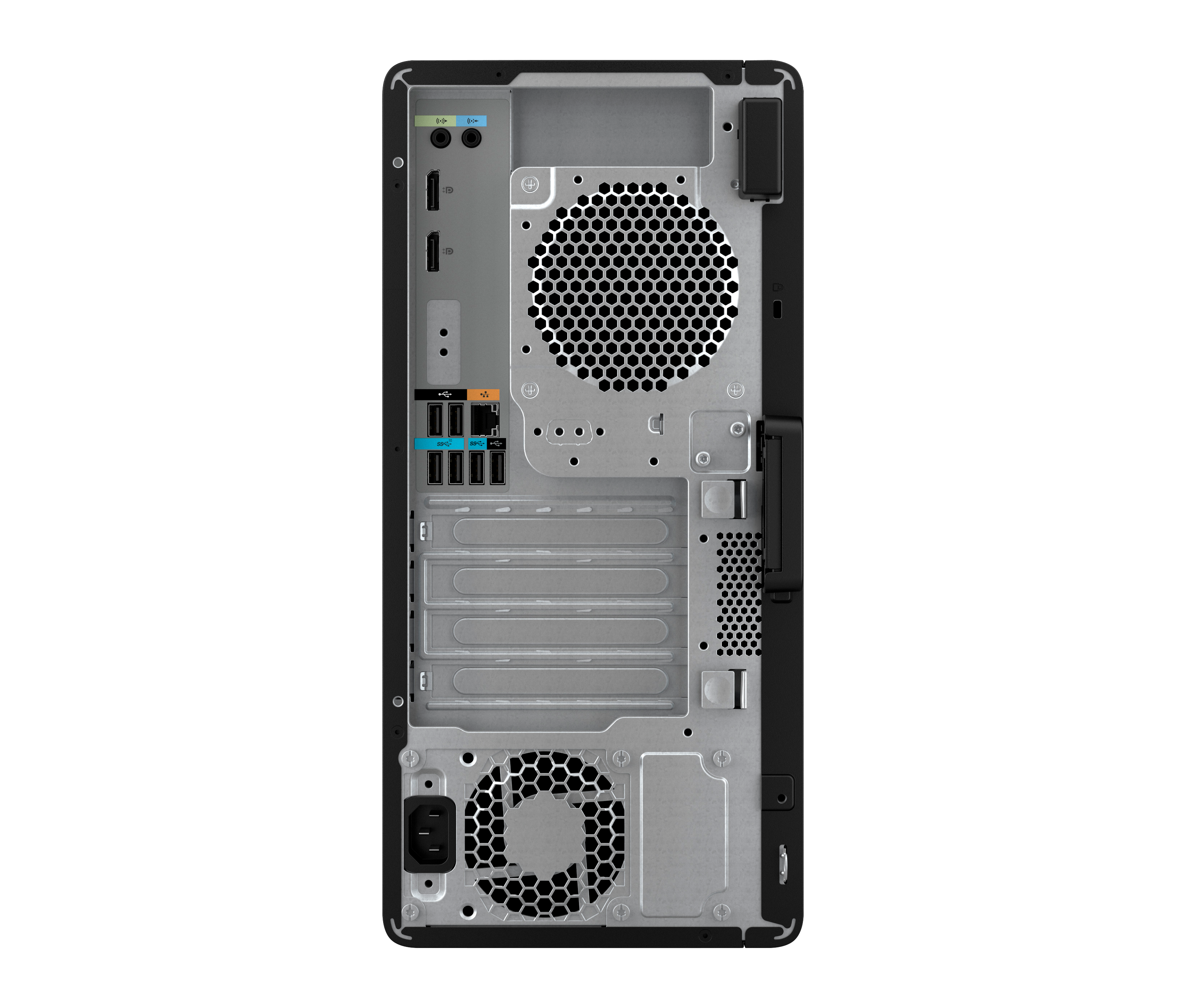 Rückansicht eines Computergehäuses. Es hat verschiedene Anschlüsse und Lüftungsschlitze, einen Griff und einen Netzanschluss.