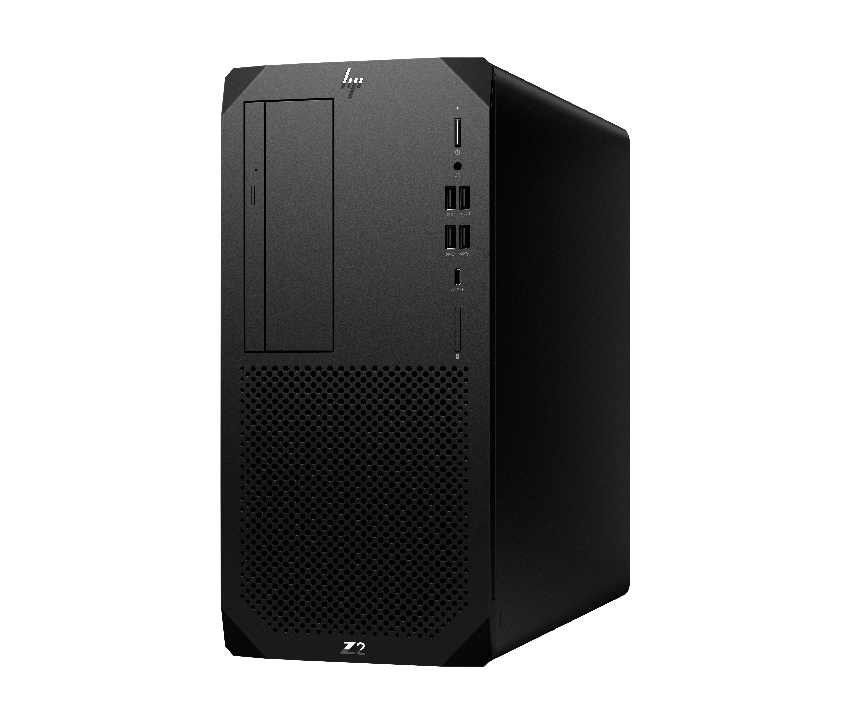 Schwarzer HP Z2 Desktop-Computer. Er hat eine Mesh-Frontplatte, Anschlüsse und das HP-Logo. Der Hintergrund ist schwarz.