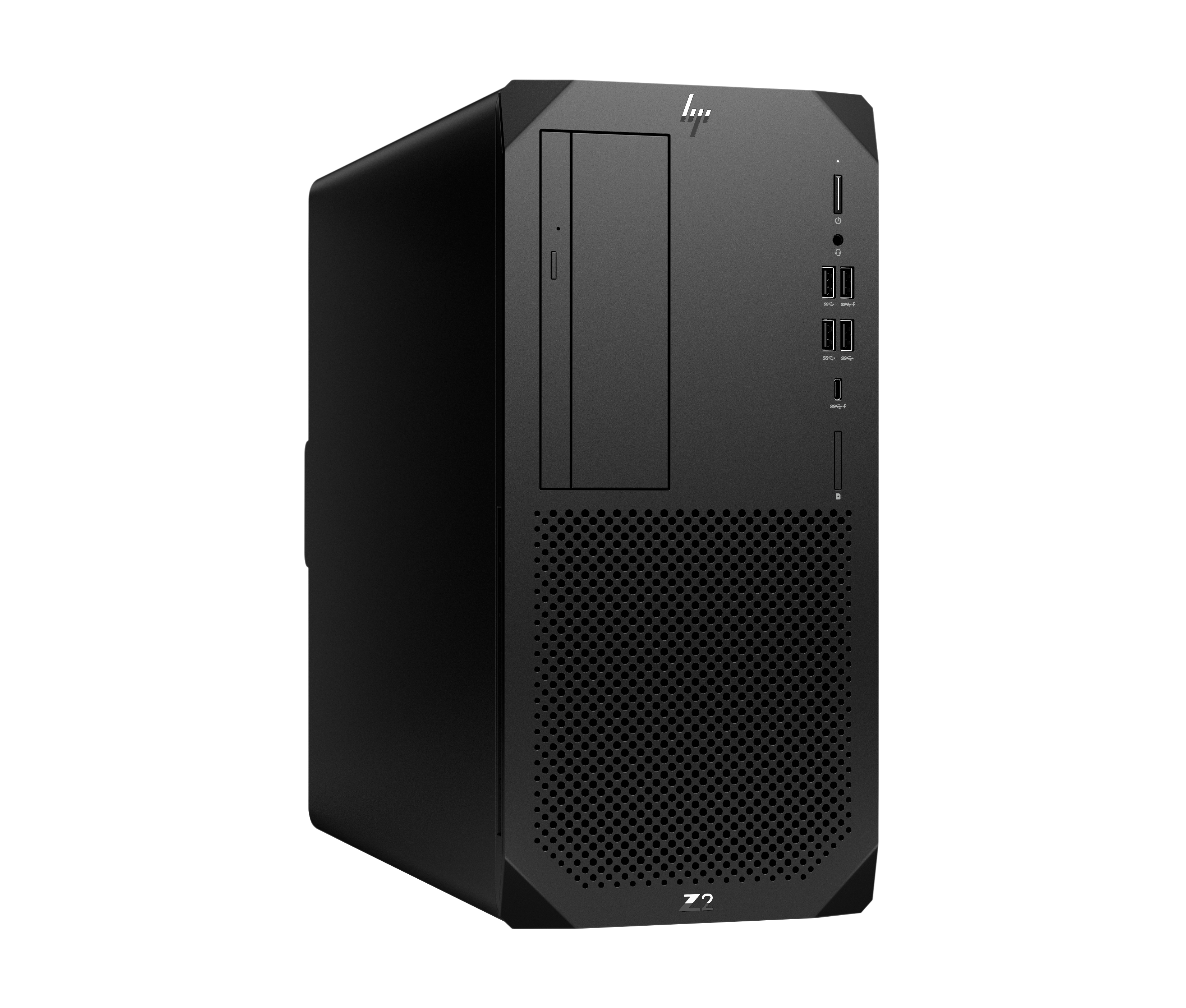 Schwarzer HP Z2 Desktop-Computer. Er hat eine perforierte Frontplatte und verschiedene Anschlüsse. Der Hintergrund ist schwarz.