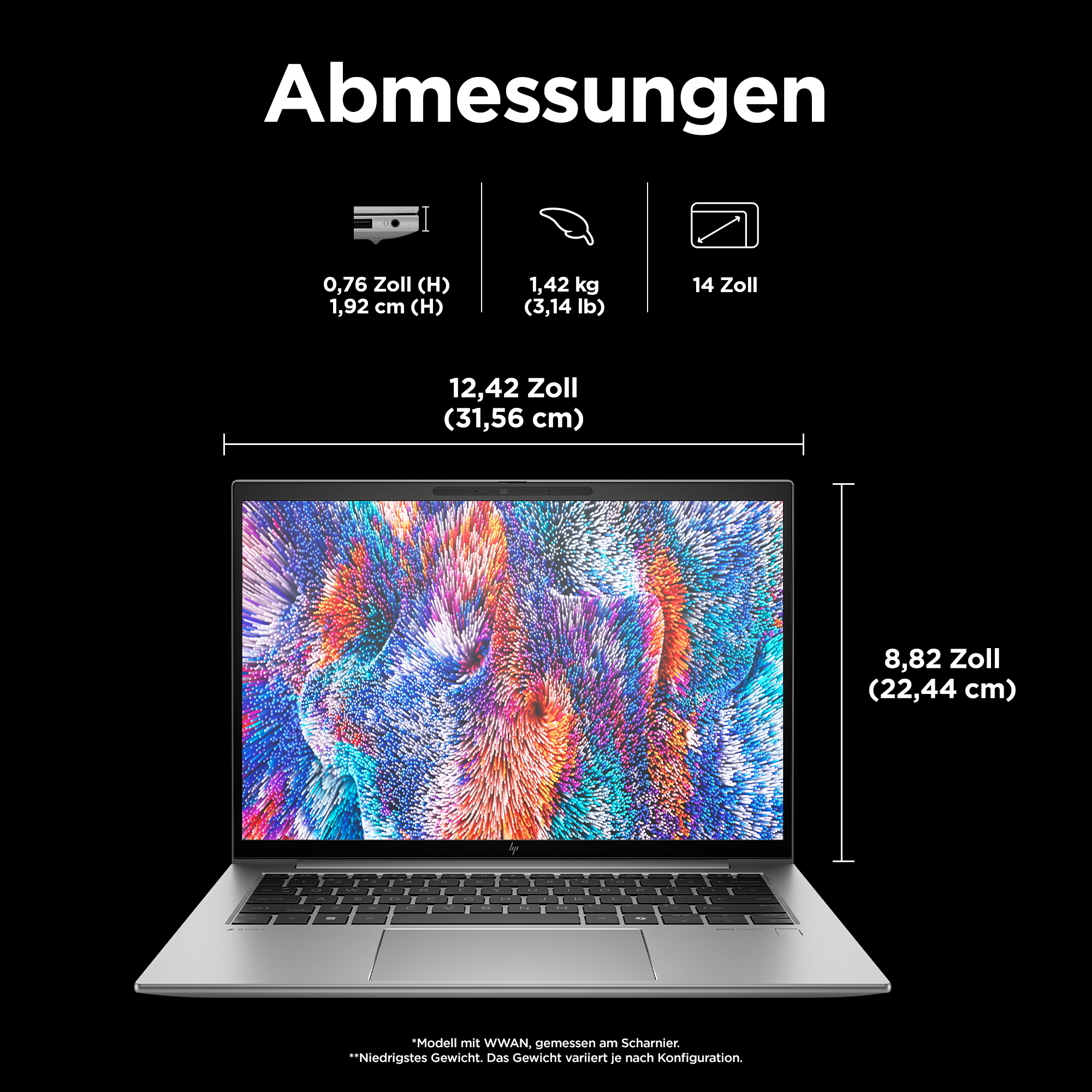 Laptop mit Spezifikationen wie Größe, Gewicht und Bildschirmabmessungen, vor schwarzem Hintergrund, farbenfroher Bildschirm.