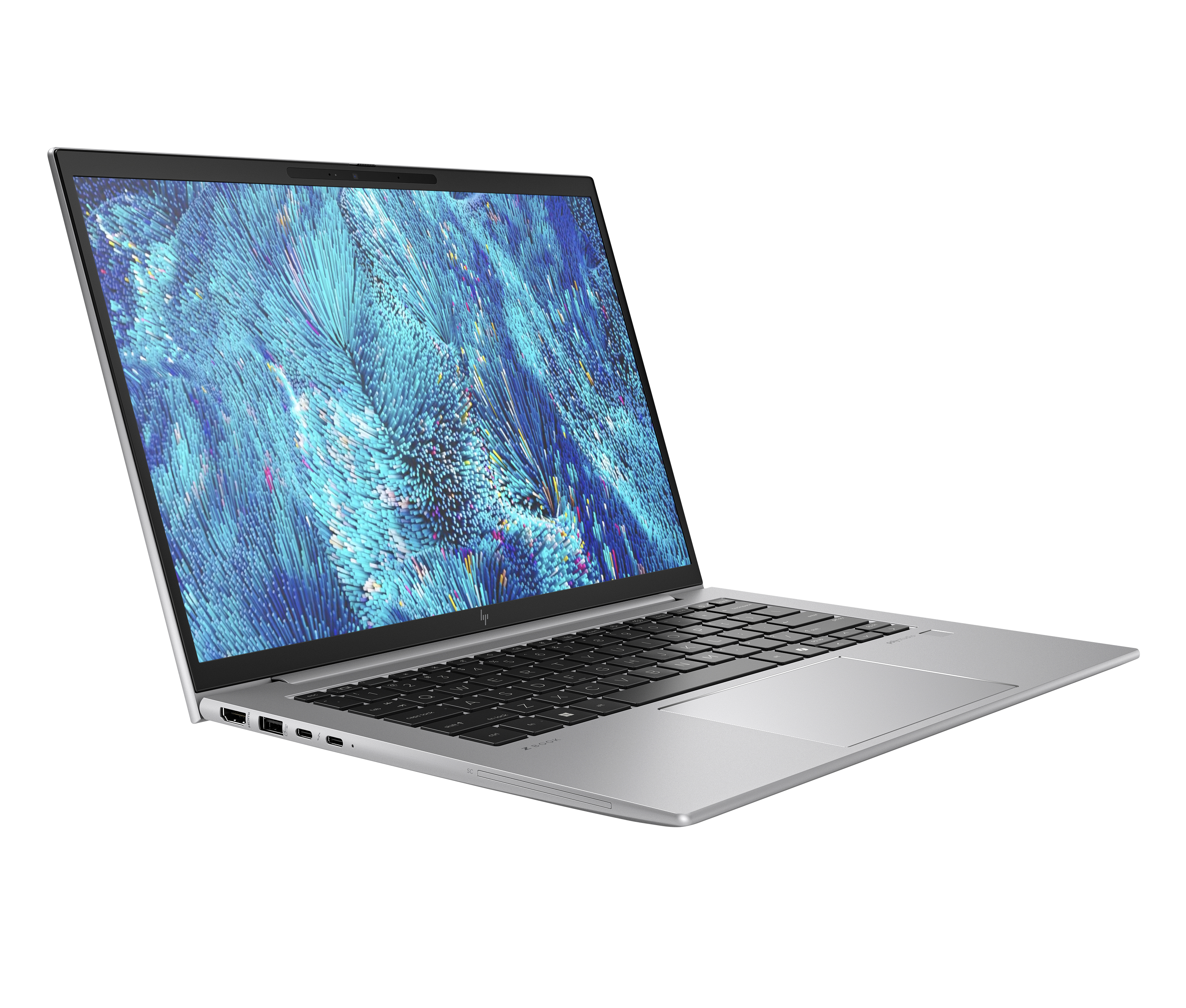 Silberner Laptop auf schwarzem Hintergrund. Der Bildschirm zeigt blaue abstrakte Kunst. Tastatur und Touchpad sichtbar. Winkelansicht.