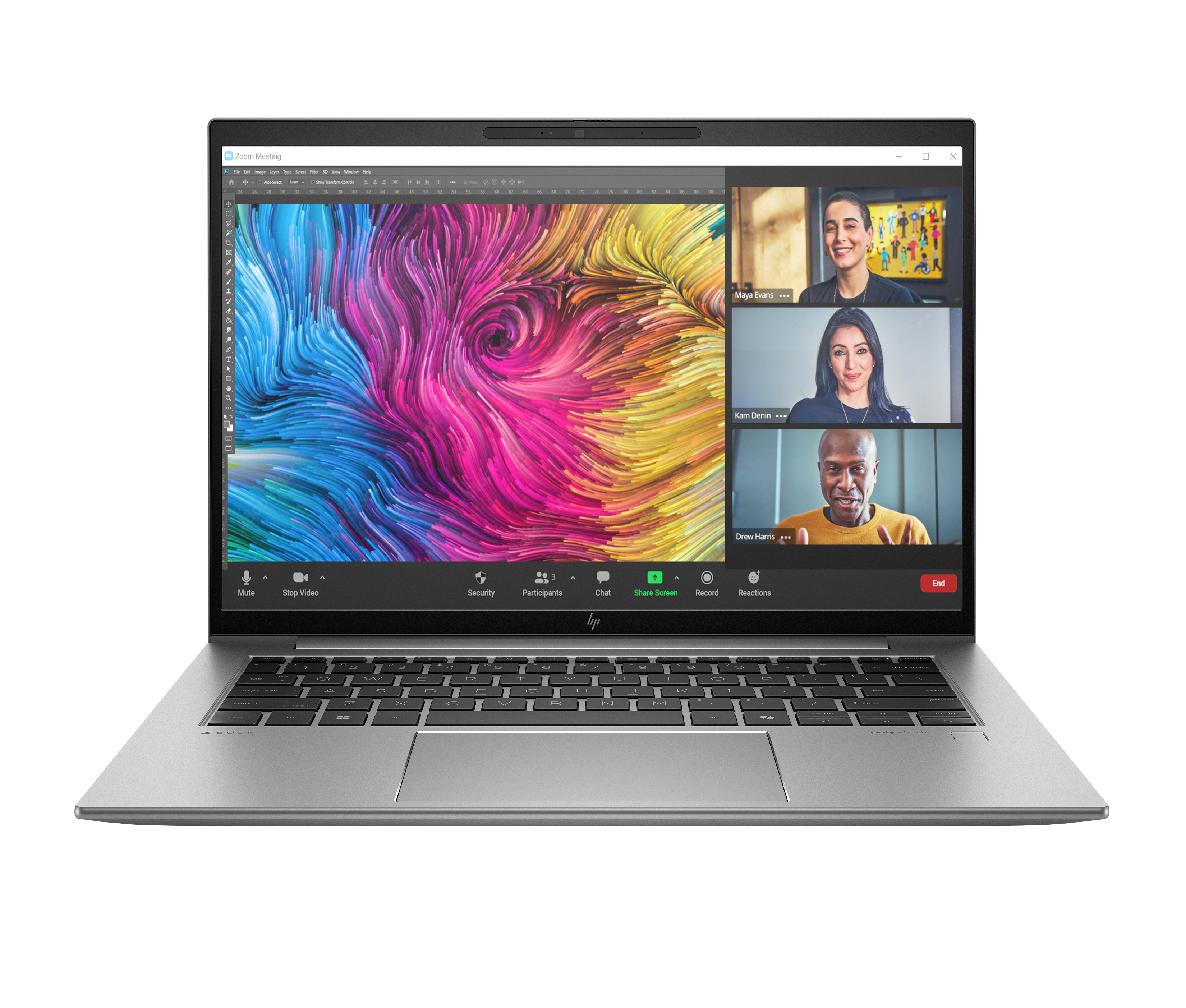 Laptop mit Zoom-Meeting. Der Bildschirm zeigt ein buntes abstraktes Hintergrundbild und 4 Teilnehmer.