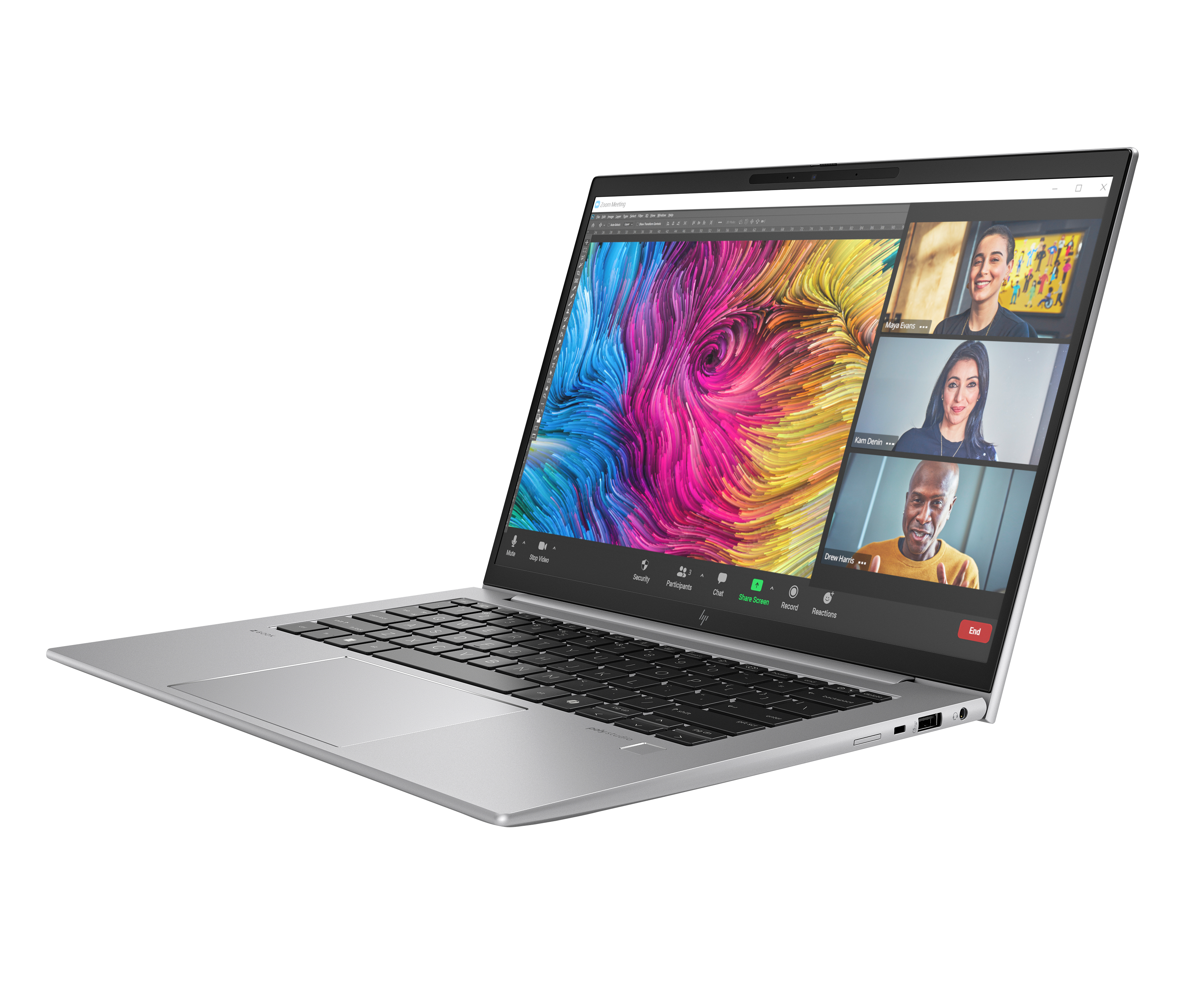 Silberner Laptop, der ein Zoom-Meeting mit drei Teilnehmern anzeigt. Der Bildschirm zeigt einen bunten, abstrakten Hintergrund.