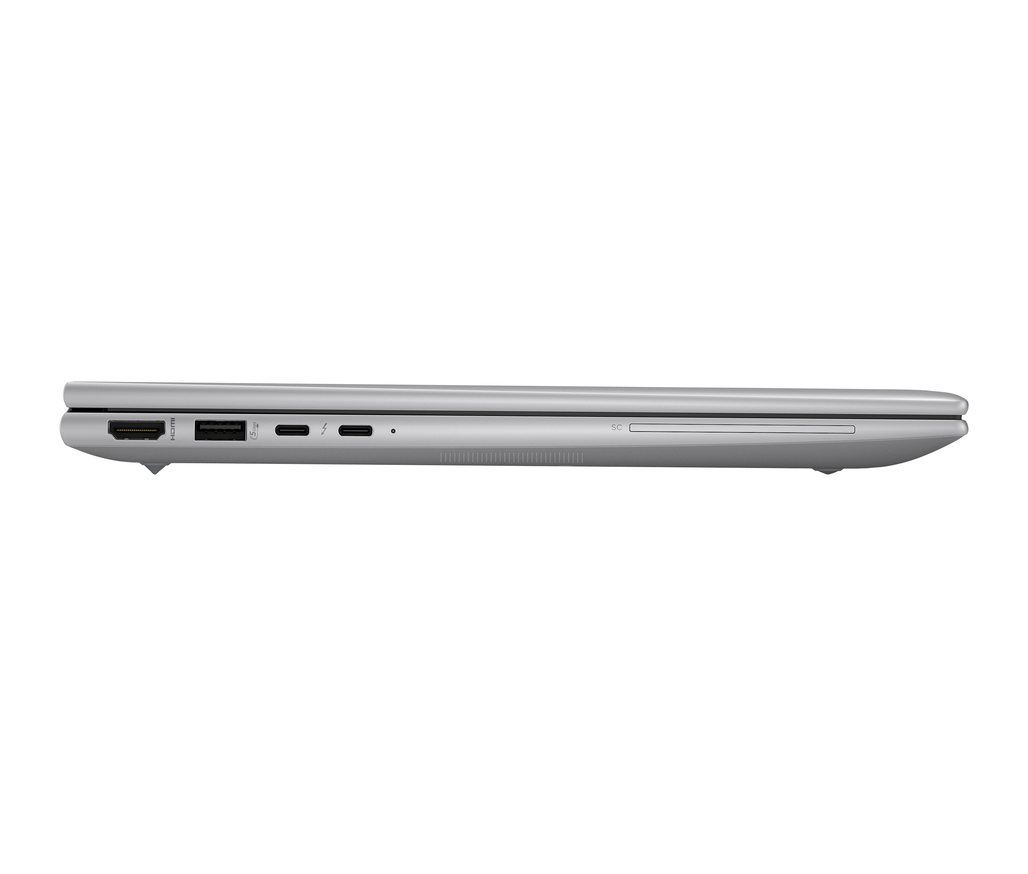 Seitenansicht eines silbernen Laptops auf schwarzem Hintergrund. Zeigt Anschlüsse: HDMI, USB, USB-C, SD-Kartensteckplatz.