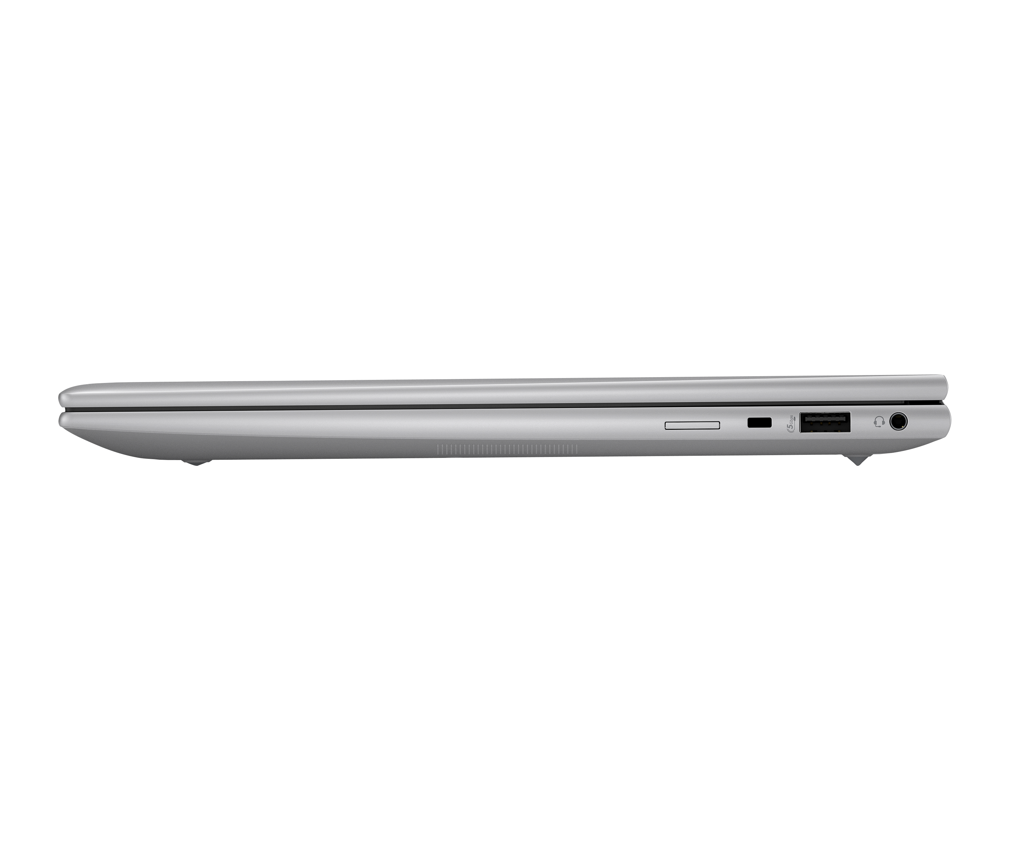 Seitenansicht eines geschlossenen silbernen Laptops. Anschlüsse: SD-Kartensteckplatz, USB, Kopfhöreranschluss. Schwarzer Hintergrund.
