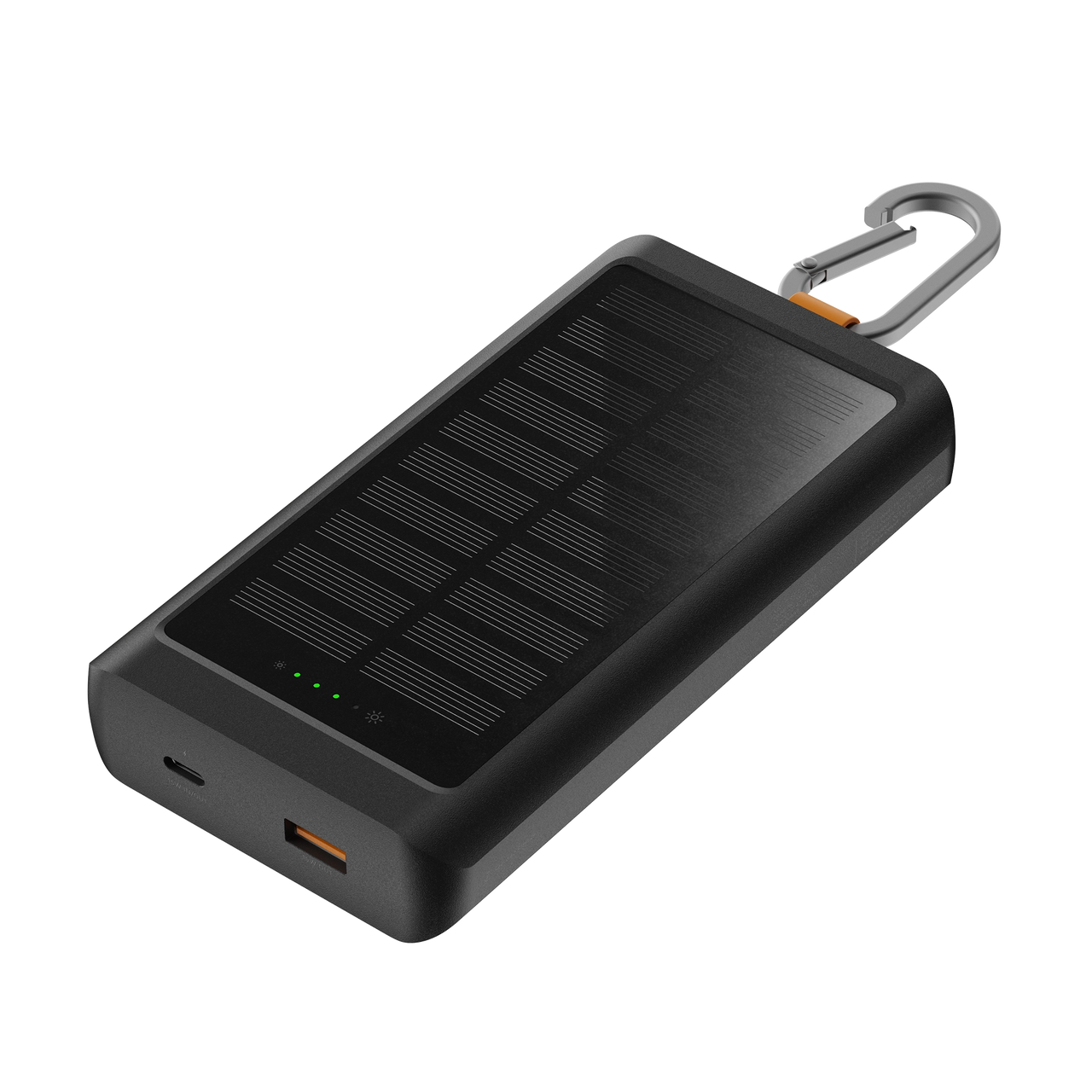 Eine schwarze Solar-Powerbank mit einem silbernen Karabinerhaken. Sie verfügt über ein Solarpanel, Kontrollleuchten und einen USB-Anschluss. Der Hintergrund ist schwarz.