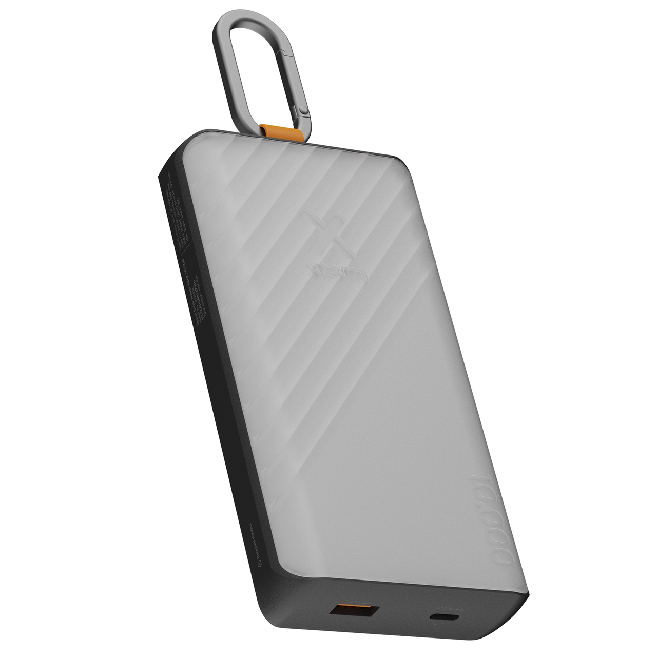Eine weiße und graue Powerbank mit silbernem Karabiner. Die Powerbank hat eine geriffelte Oberfläche und einen schwarzen Rand. Der Karabiner ist befestigt.