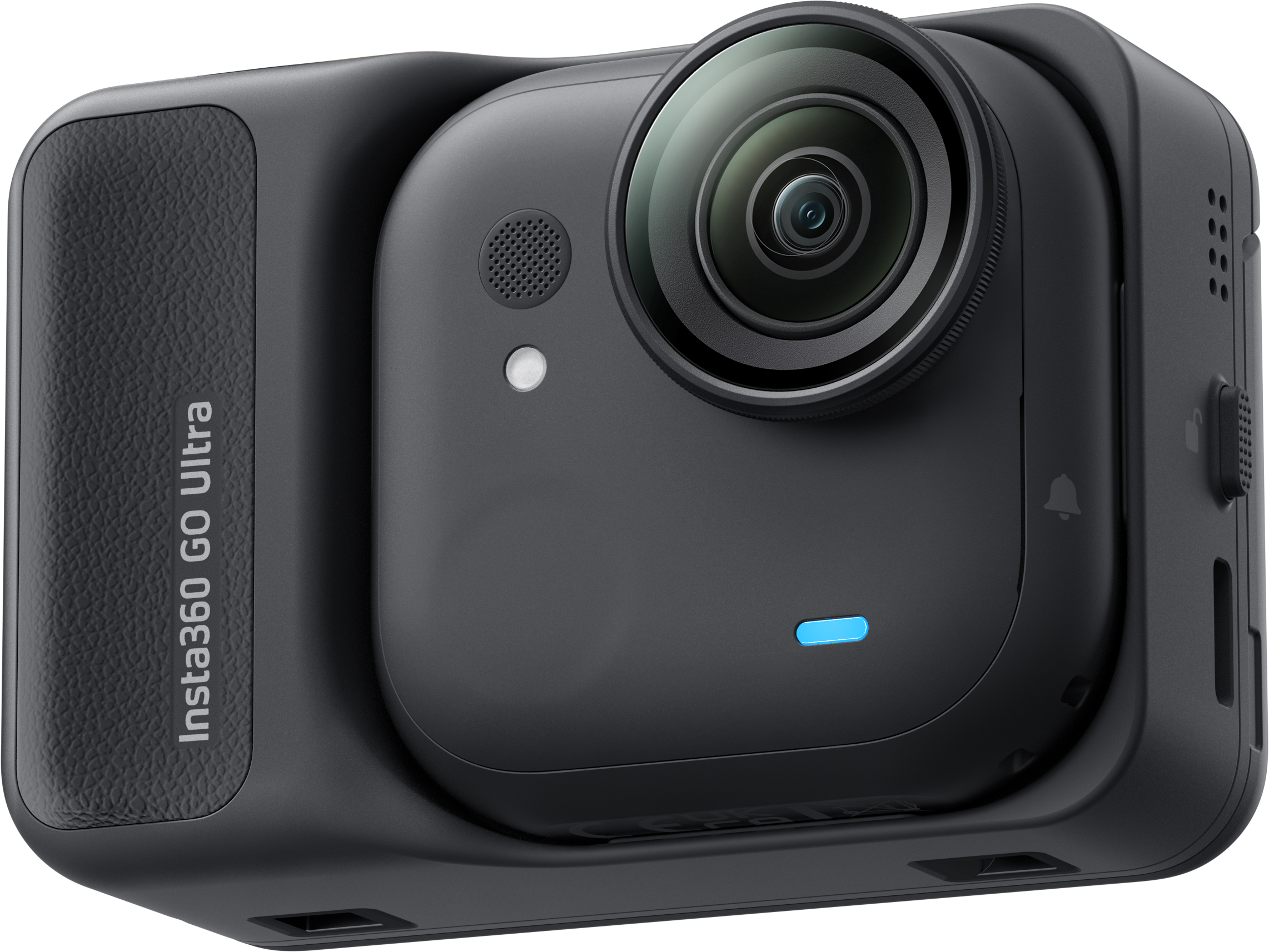 Eine schwarze Insta360 GO Ultra Kamera. Sie hat ein Objektiv, ein Mikrofon, eine Taste und ein blaues Licht. Der Text "Insta360 GO Ultra" ist sichtbar.