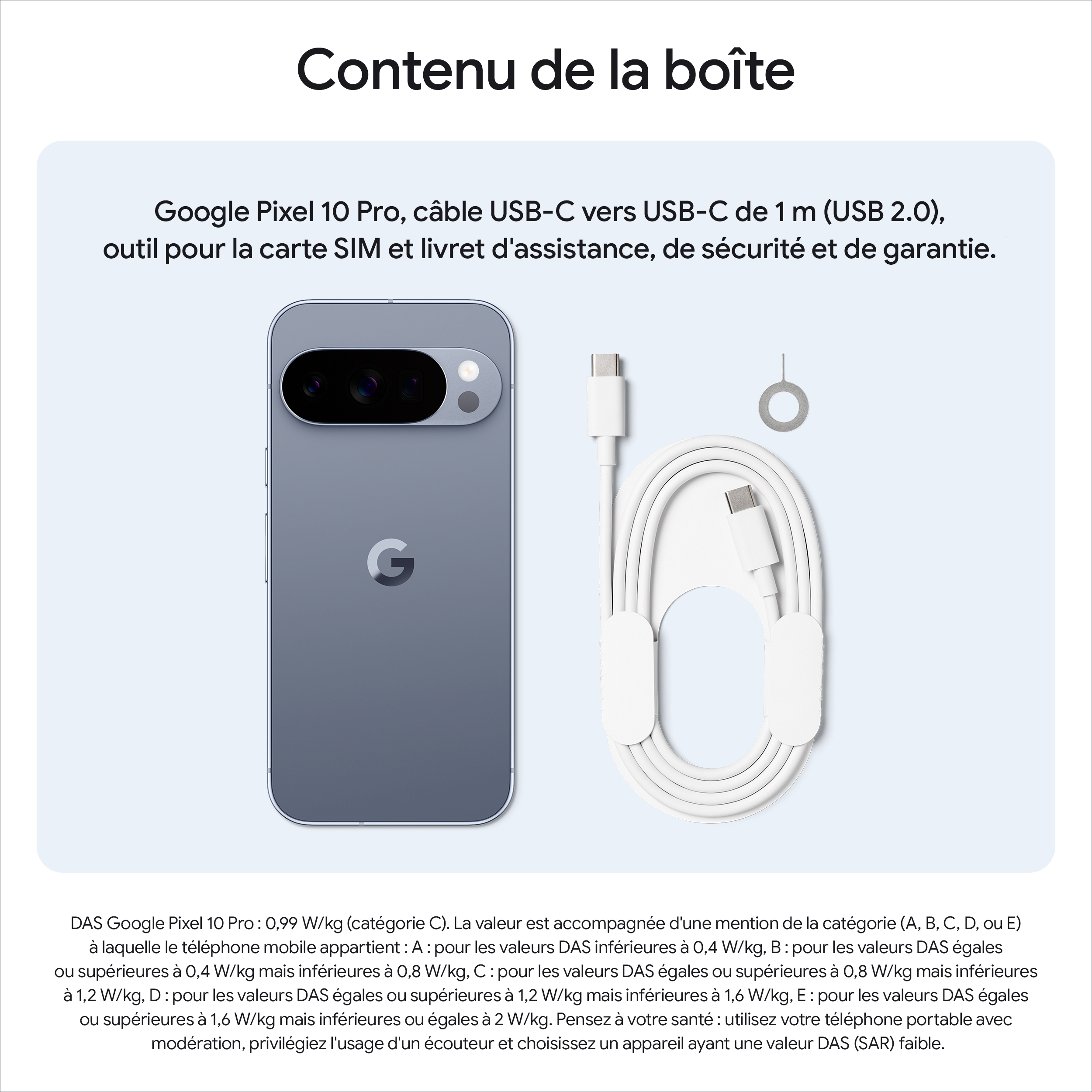Image montre un Google Pixel 10 Pro, câble USB-C, outil SIM et documentation.