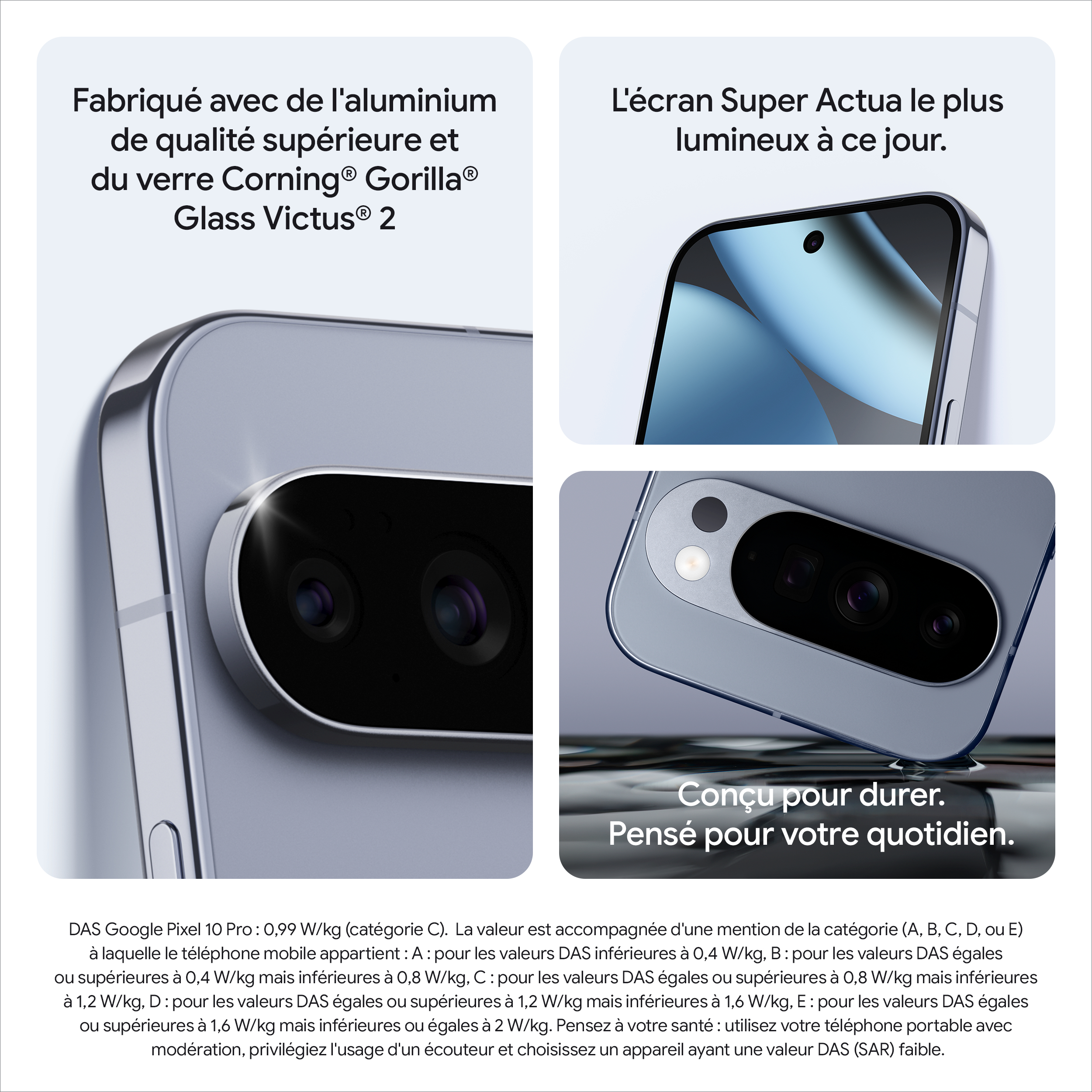 L'image montre un smartphone avec du texte sur l'aluminium, le verre Corning et un écran Super Actua.