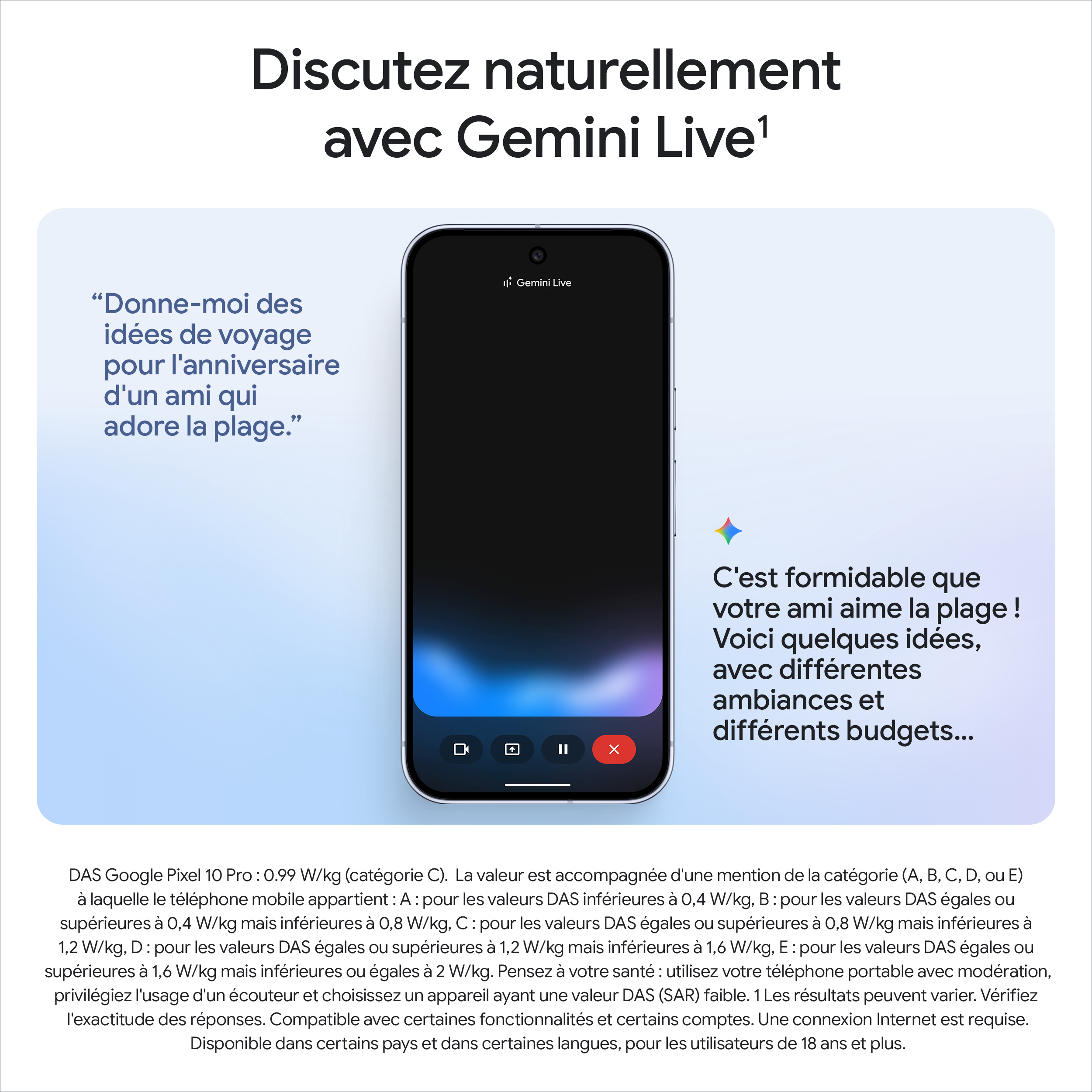 Écran de téléphone montrant une conversation. Bulles de texte avec texte français. Un logo est présent.