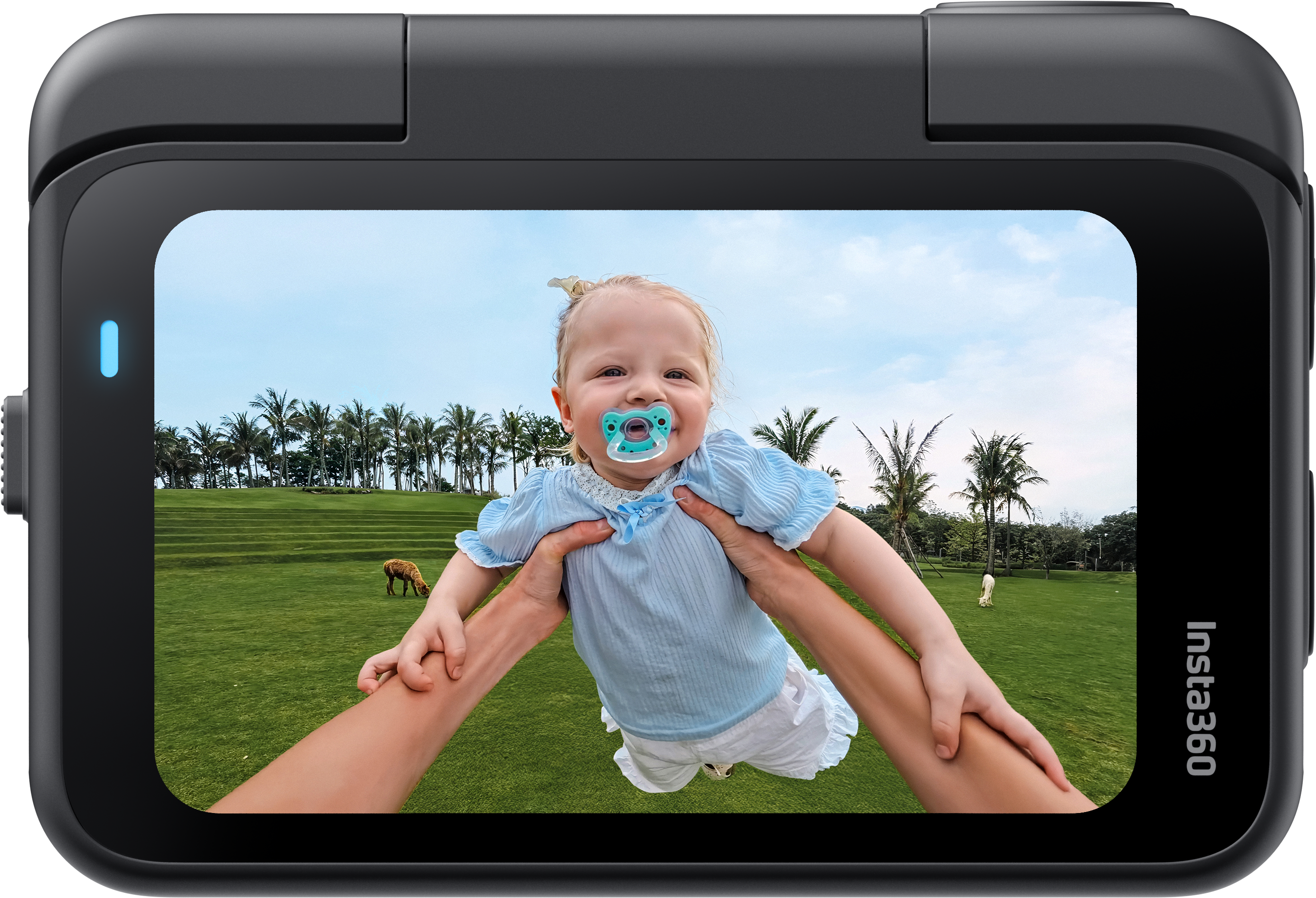 Ein Baby wird vor einem grasbewachsenen Hügel mit Palmen hochgehalten. Das Baby trägt ein blaues Outfit und einen Schnuller.