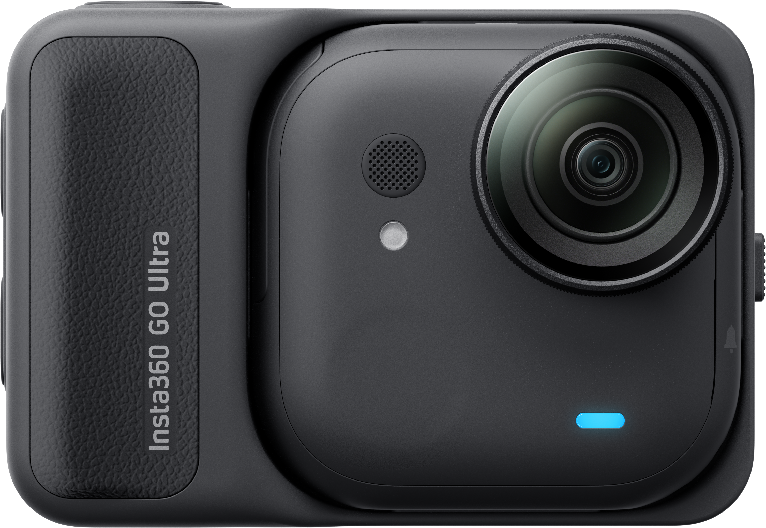 Schwarze Insta360 Go Ultra Kamera. Mit Objektiv, Knopf und blauem Licht. Die Seite hat einen strukturierten Griff mit 'Insta360 GO Ultra'.