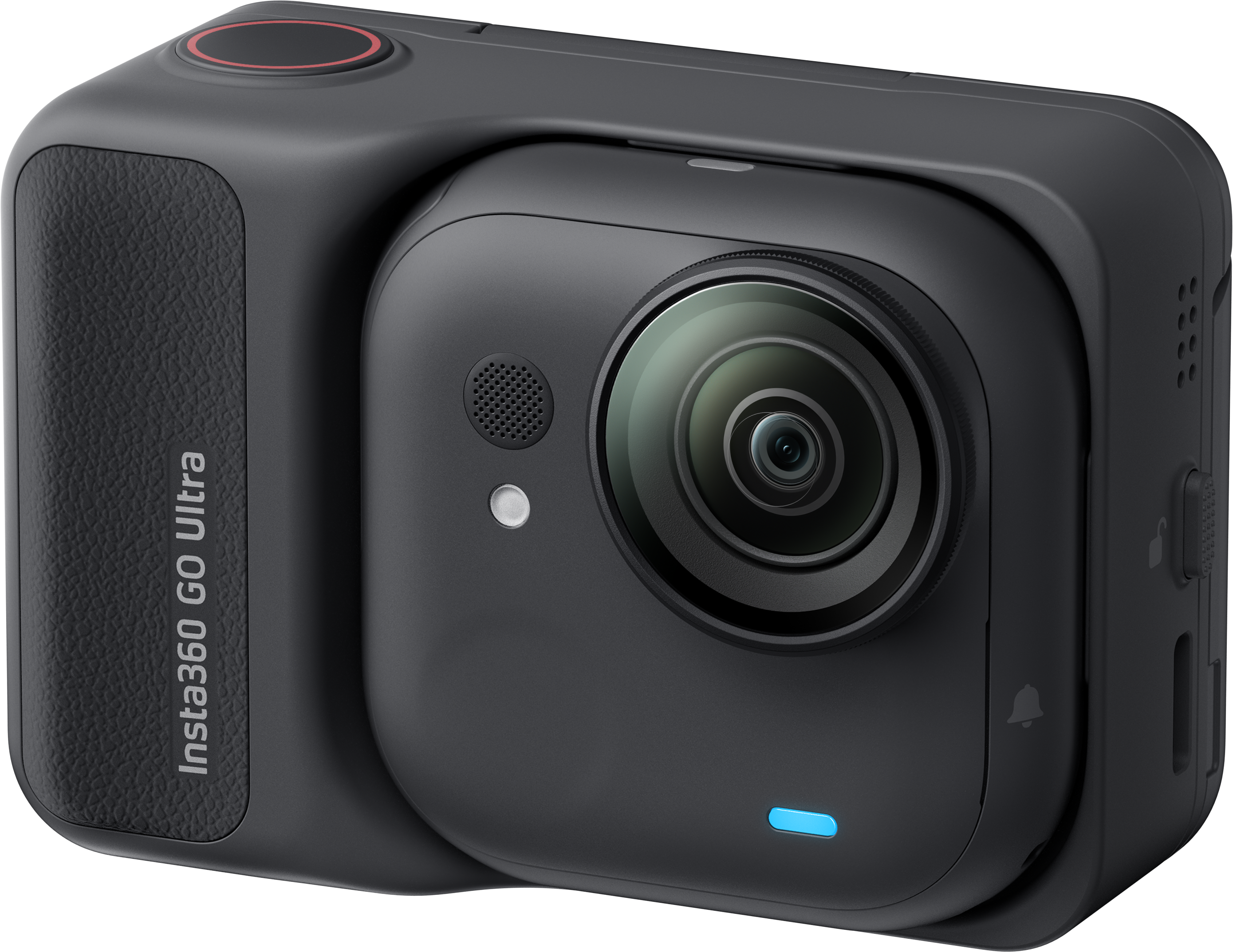 Eine schwarze Insta360 GO Ultra Kamera. Sie hat ein Objektiv, eine Taste und ein blaues Licht. Der Text 'Insta360 GO Ultra' ist sichtbar.