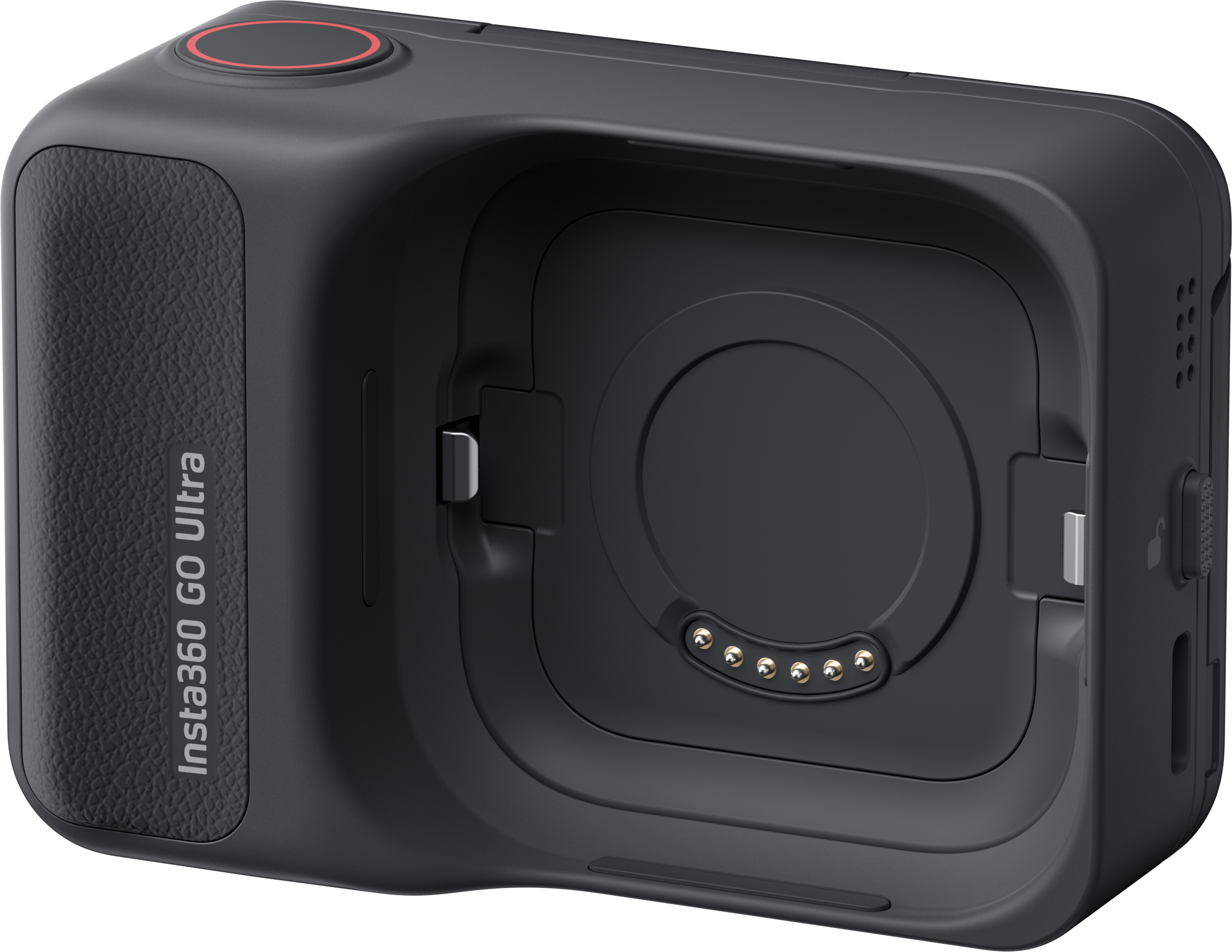 Eine schwarze Insta360 Go Ultra Ladehülle. Sie hat eine strukturierte Seite, einen Power-Button mit rotem Ring und einen Ladeanschluss.