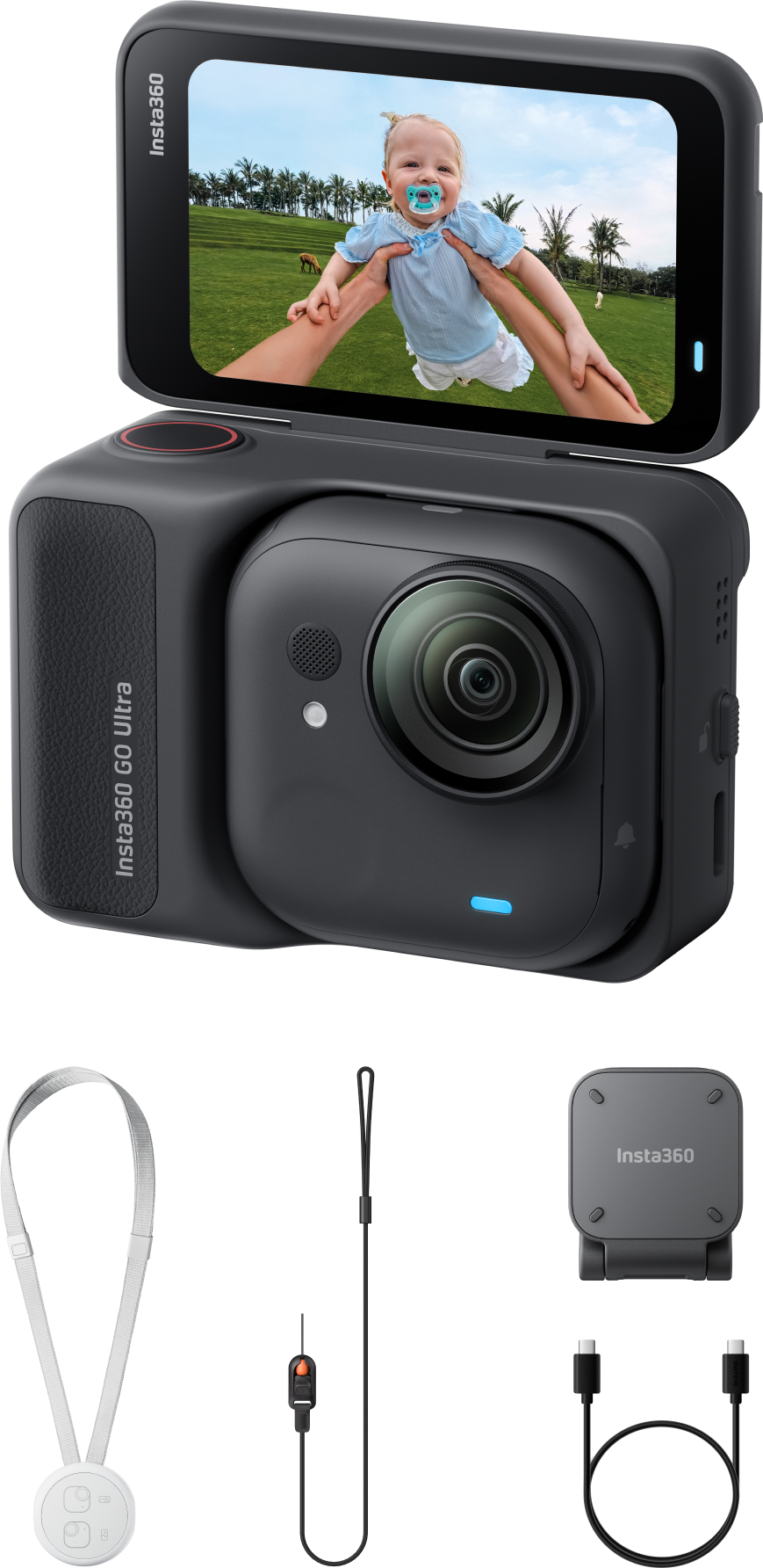 Insta360 Go Ultra Kamera mit Zubehör. Bildschirm zeigt ein gehaltenes Baby. Enthält Halsband, Fernbedienung, Ständer und Kabel.