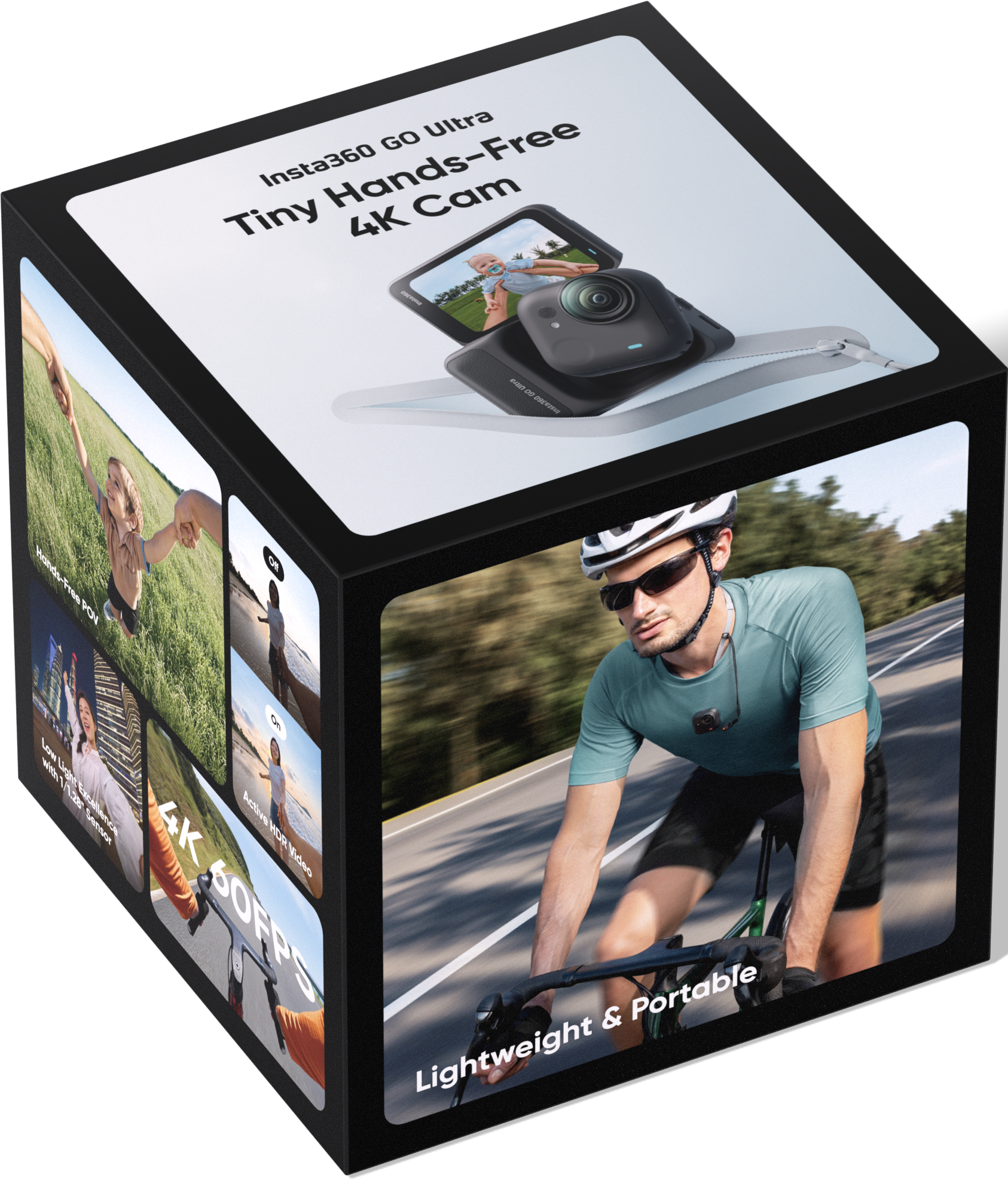 Schachtel der Insta360 GO Ultra Kamera. Sie zeigt einen Radfahrer, Beispielvideos und Kamerafunktionen wie 4K und freihändige POV.
