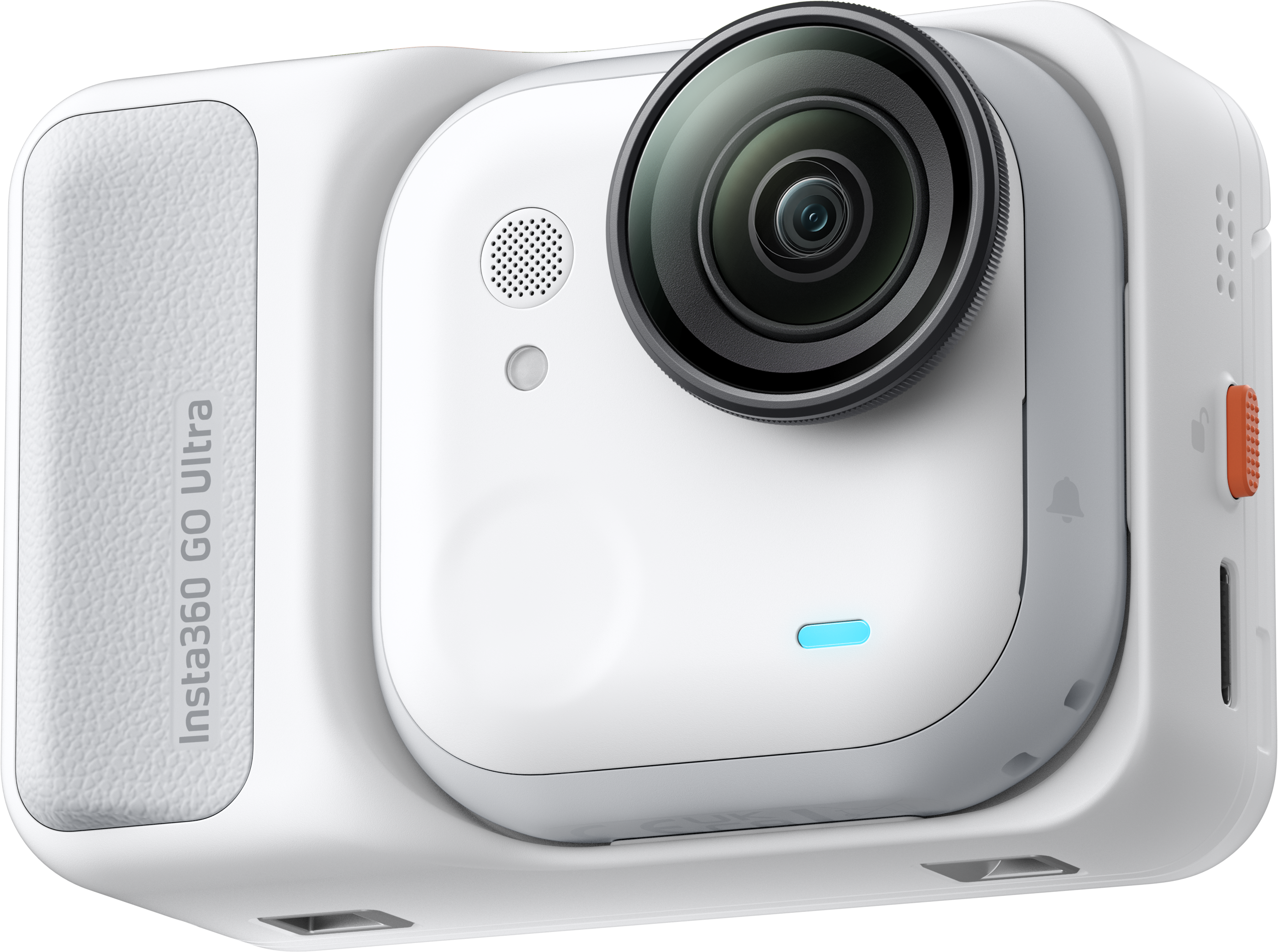 Weiße Insta360 Go Ultra Kamera. Sie hat ein schwarzes Objektiv, ein blaues Licht und einen orangefarbenen Knopf. Der Text 'Insta360 Go Ultra' ist sichtbar.