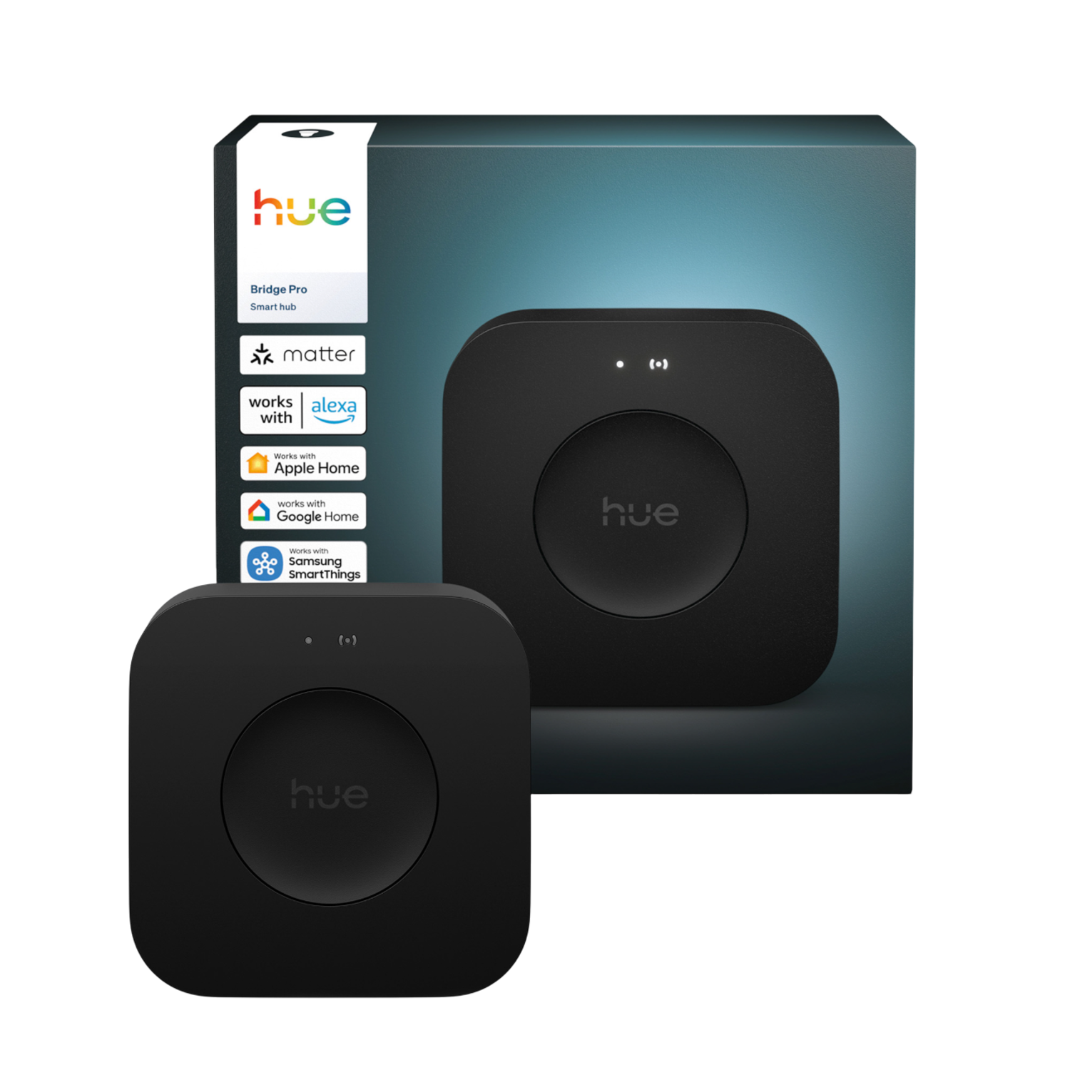 Twee zwarte Hue Bridge Pro smart hubs. Eén vooraan, één achteraan. De doos toont compatibiliteit met Alexa, Apple Home en Google Home.