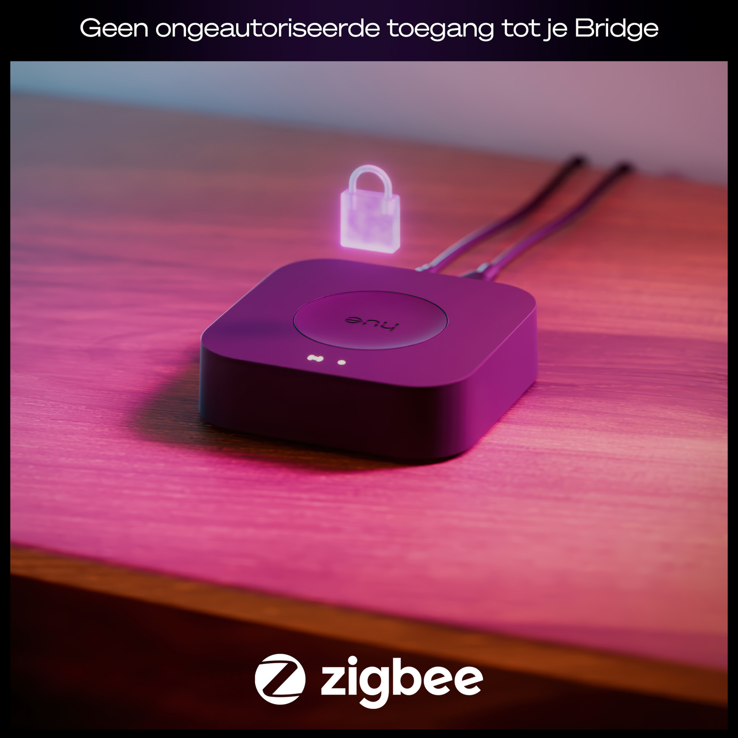 A purple Hue Bridge device with a glowing lock icon above it. Cables extend from the device. Zigbee logo is at the bottom.
