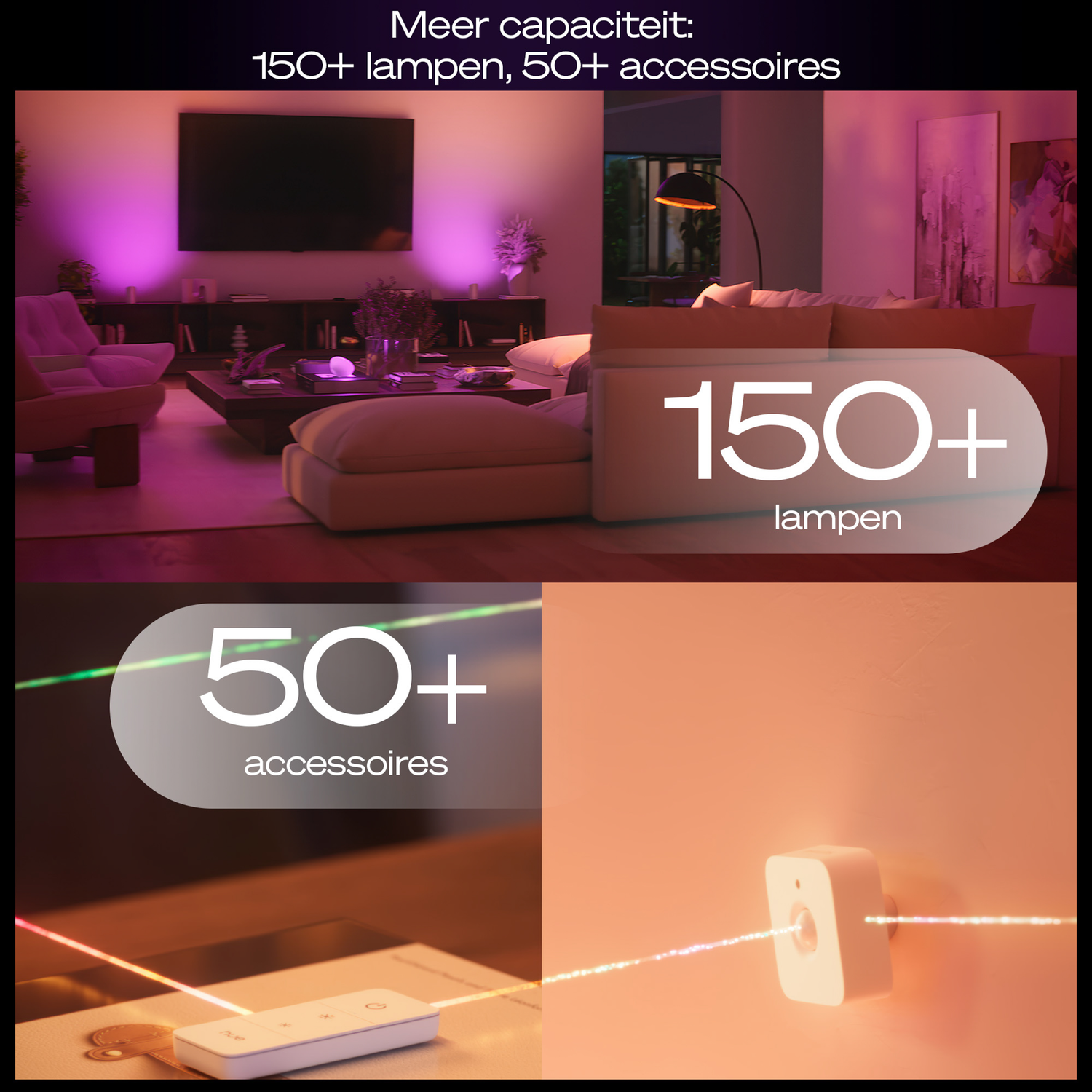 Living room with colorful lighting. Text says '150+ lamps' and '50+ accessories'. A remote and a sensor are also visible.