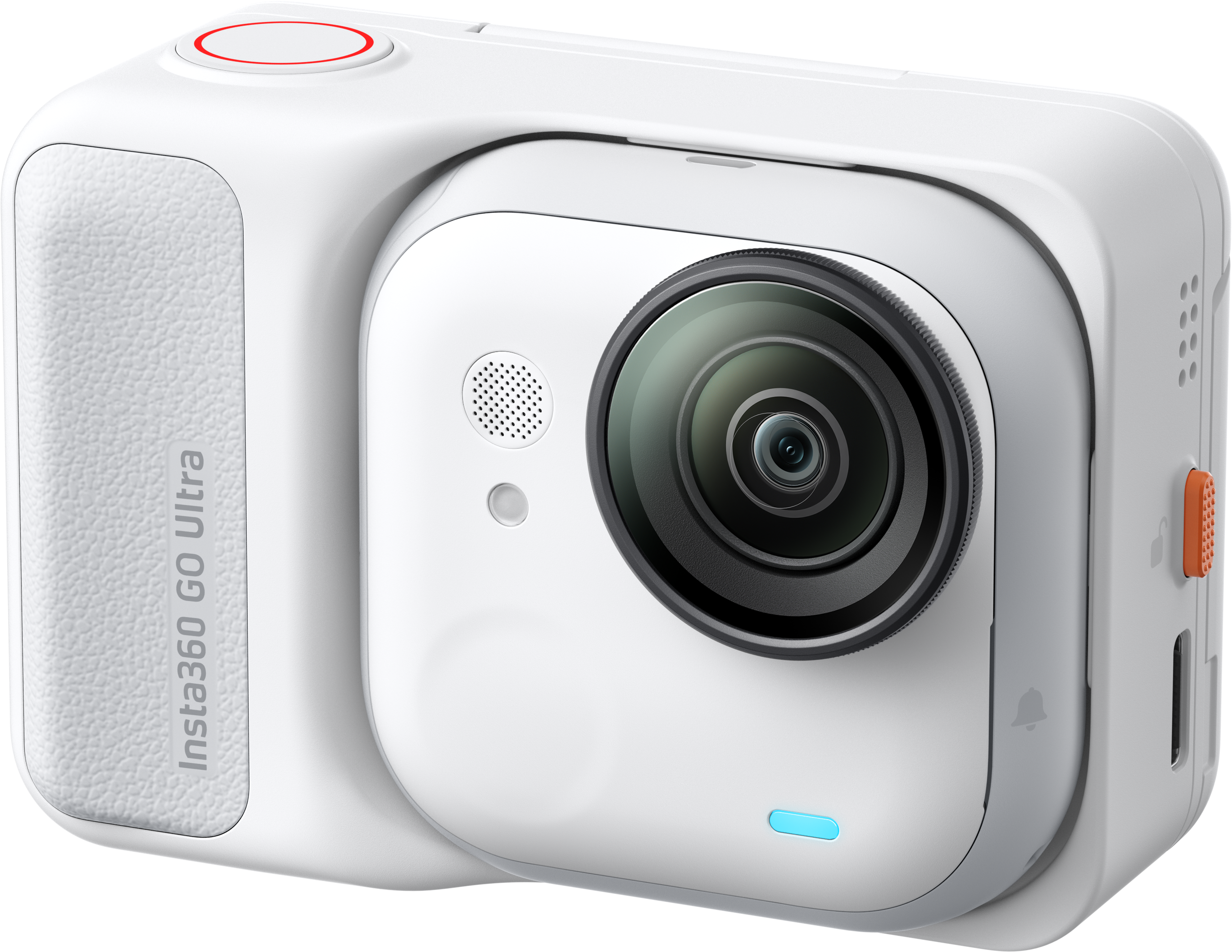 Weiße Insta360 Go Ultra Kamera. Mit Objektiv, Knopf und Kontrollleuchte. Hat eine orangefarbene Taste und den Markennamen.