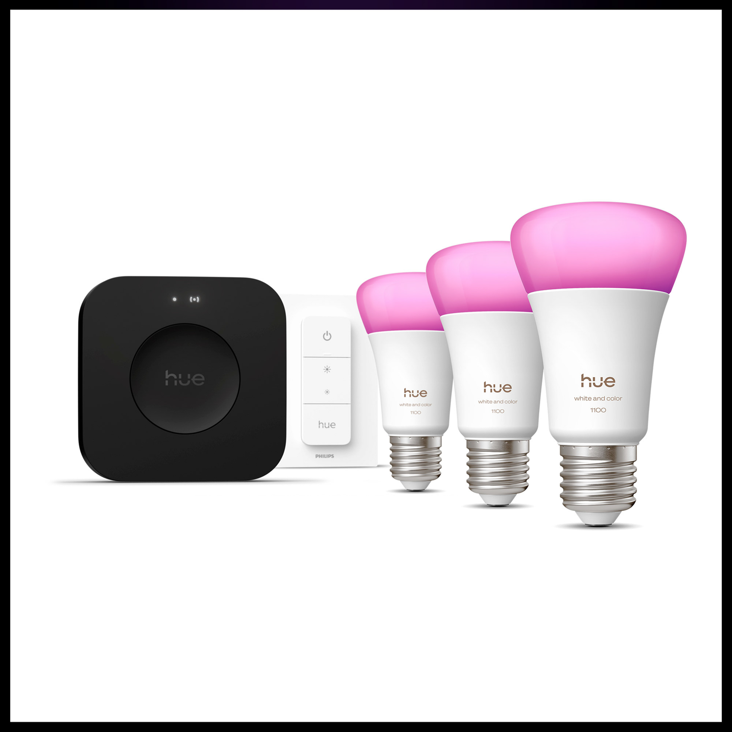 Een Philips Hue slimme verlichtingskit. Inclusief een bridge, een dimmer en drie witte en gekleurde sfeer LED-lampen.