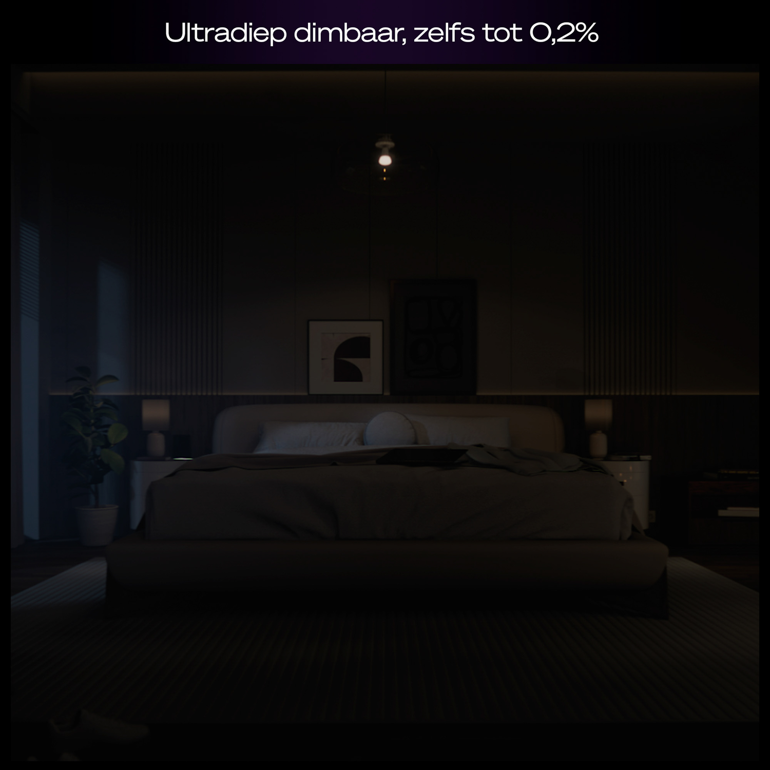 Een schemerige slaapkamer met een bed, lampen en kunstwerken. De kamer is donker, met focus op het bed en een plant.