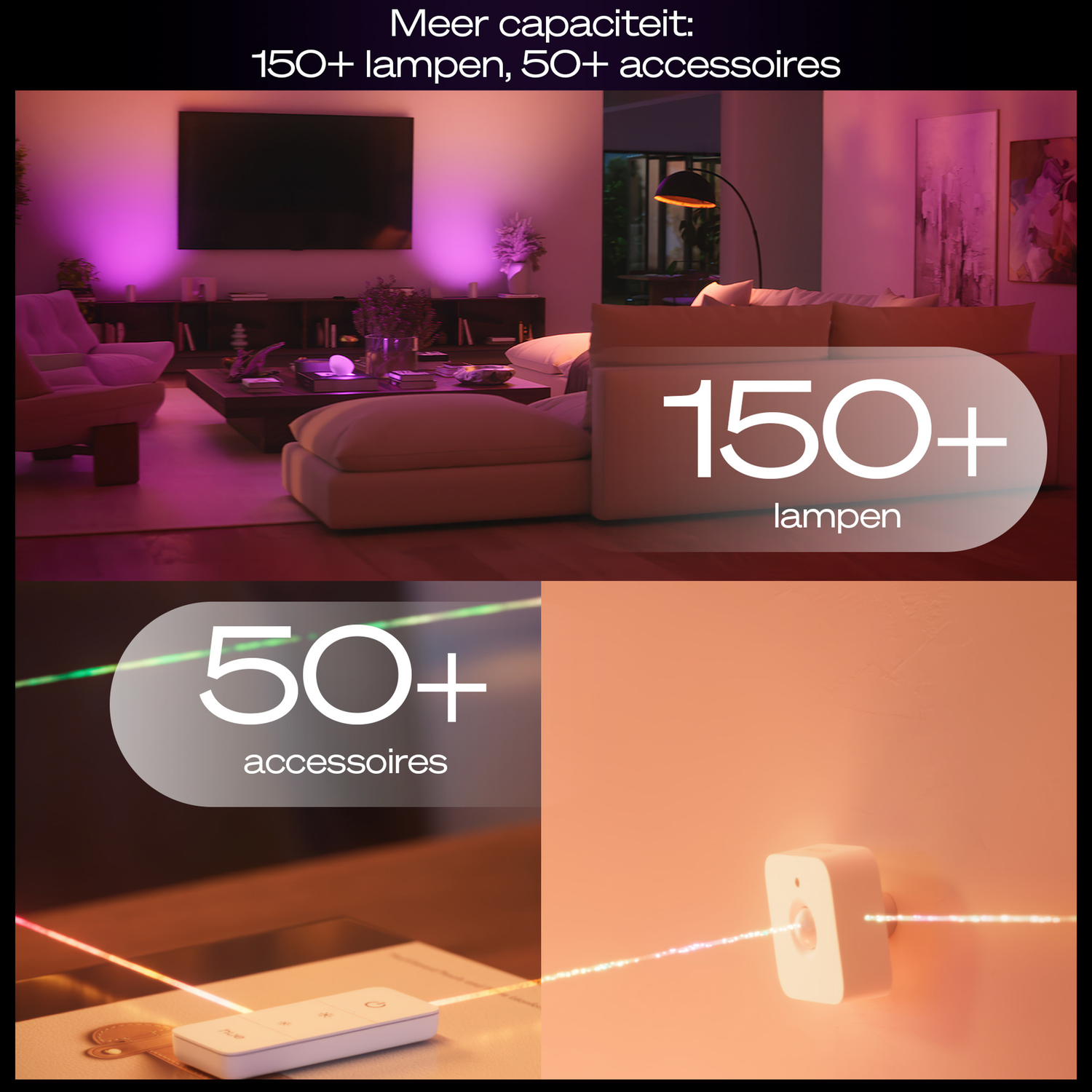 Woonkamer met slimme verlichting. Bank, lamp en tv. Tekst: 150+ lampen, 50+ accessoires. Afstandsbediening en een sensor.