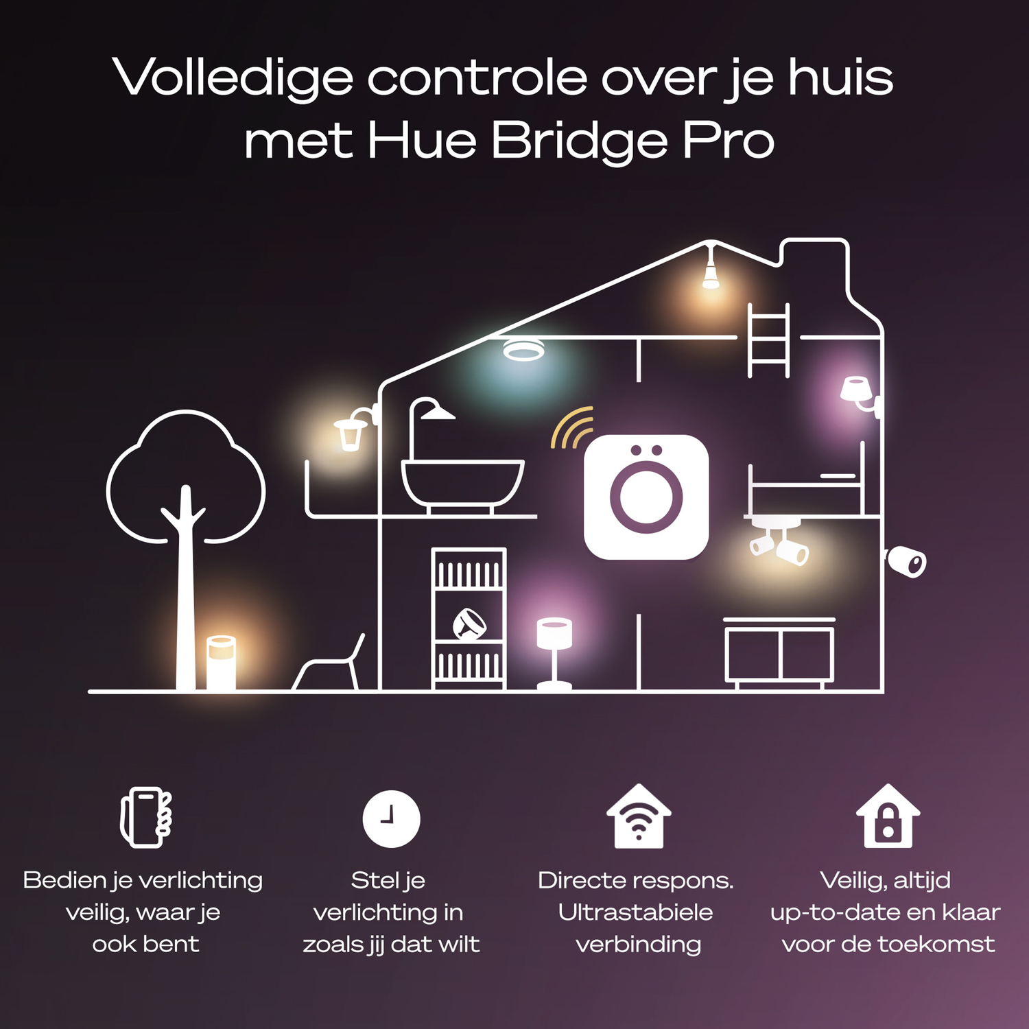 Omtrek van een huis met lichten, boom en pictogrammen voor slimme bediening. Tekst promoot Hue Bridge Pro voor lichtregeling.