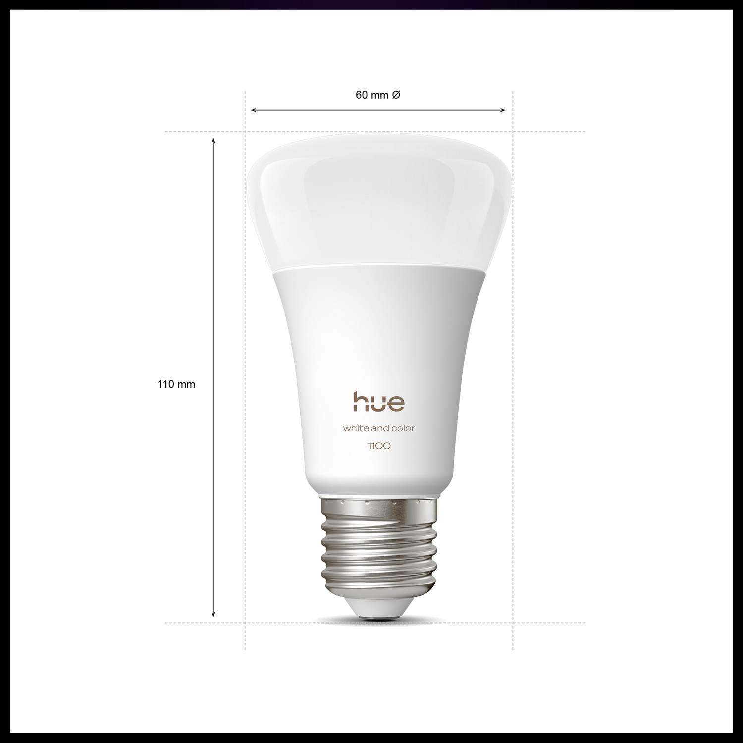 Een witte Philips Hue slimme lamp met afmetingen. De lamp is gelabeld met 'white and color' en '1100'.