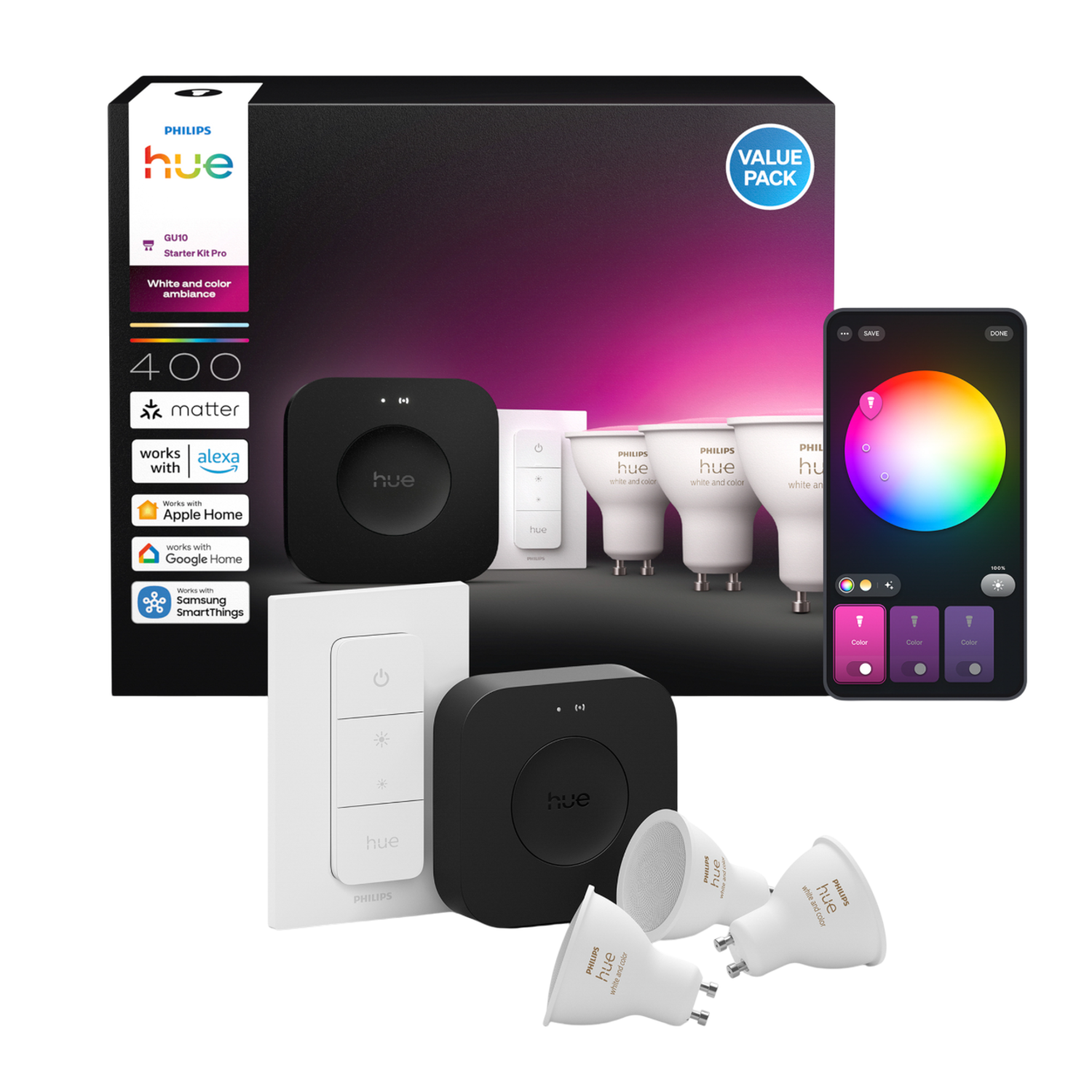 Philips Hue Starter Kit - wit and Color Ambiance - Hue Bridge Pro + GU10 - 3 Pack + Dimmer Switch - Zwart