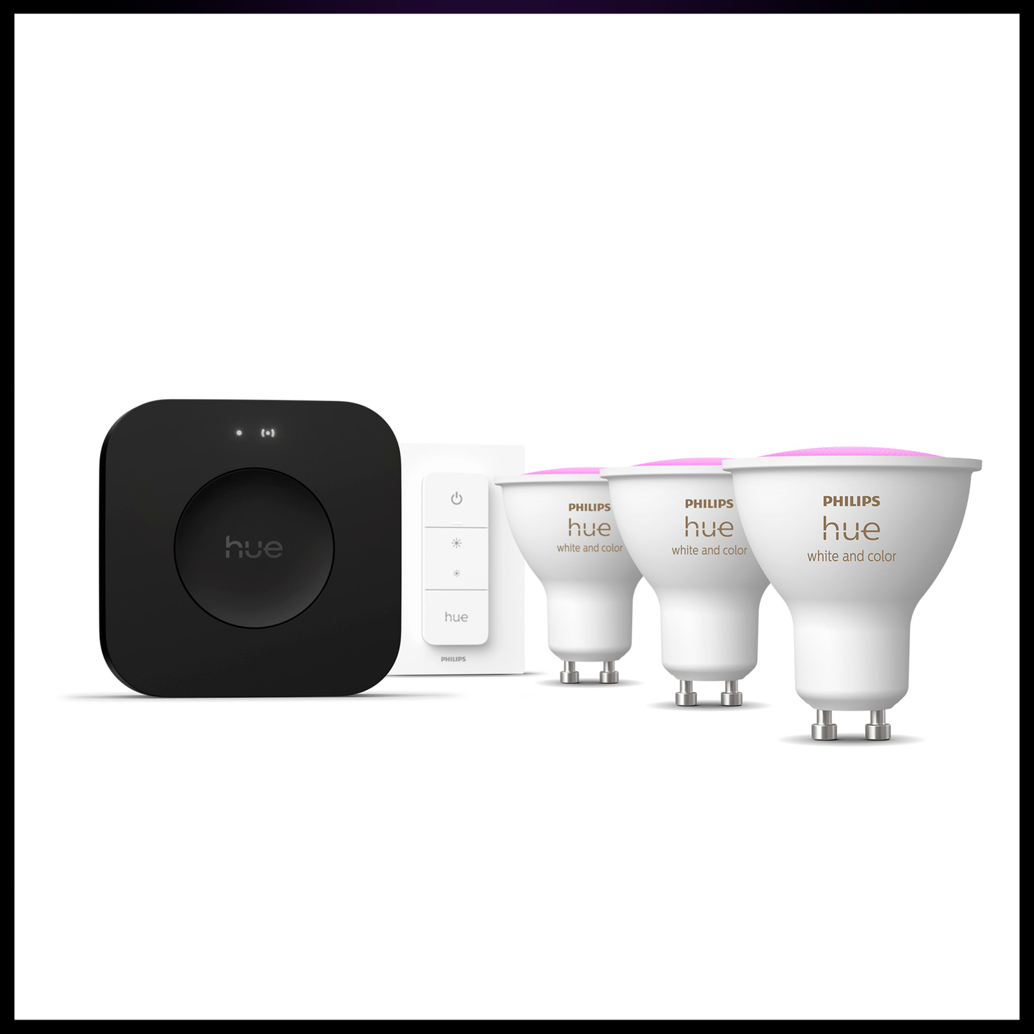 Afbeelding toont Philips Hue-producten: een zwarte hub, een witte afstandsbediening en drie witte slimme lampen.