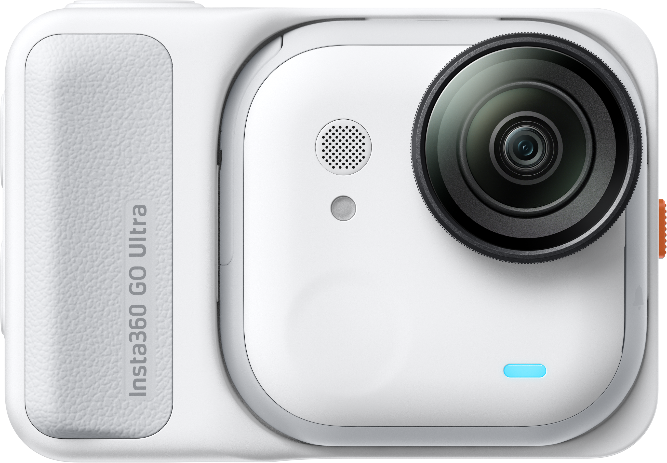 Weiße Insta360 Go Ultra Kamera. Sie hat ein großes Objektiv, ein Mikrofon und ein Licht. Das Gehäuse ist weiß mit strukturierter Seite.