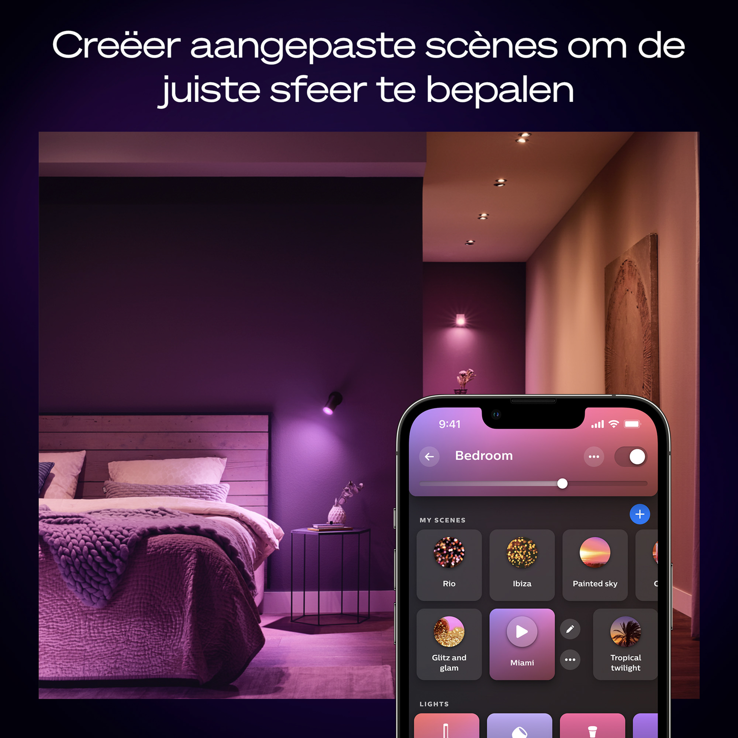 Een slaapkamer met een bed, een bijzettafel en een telefoon met verlichtingsopties. De kamer is verlicht met paarse tinten.