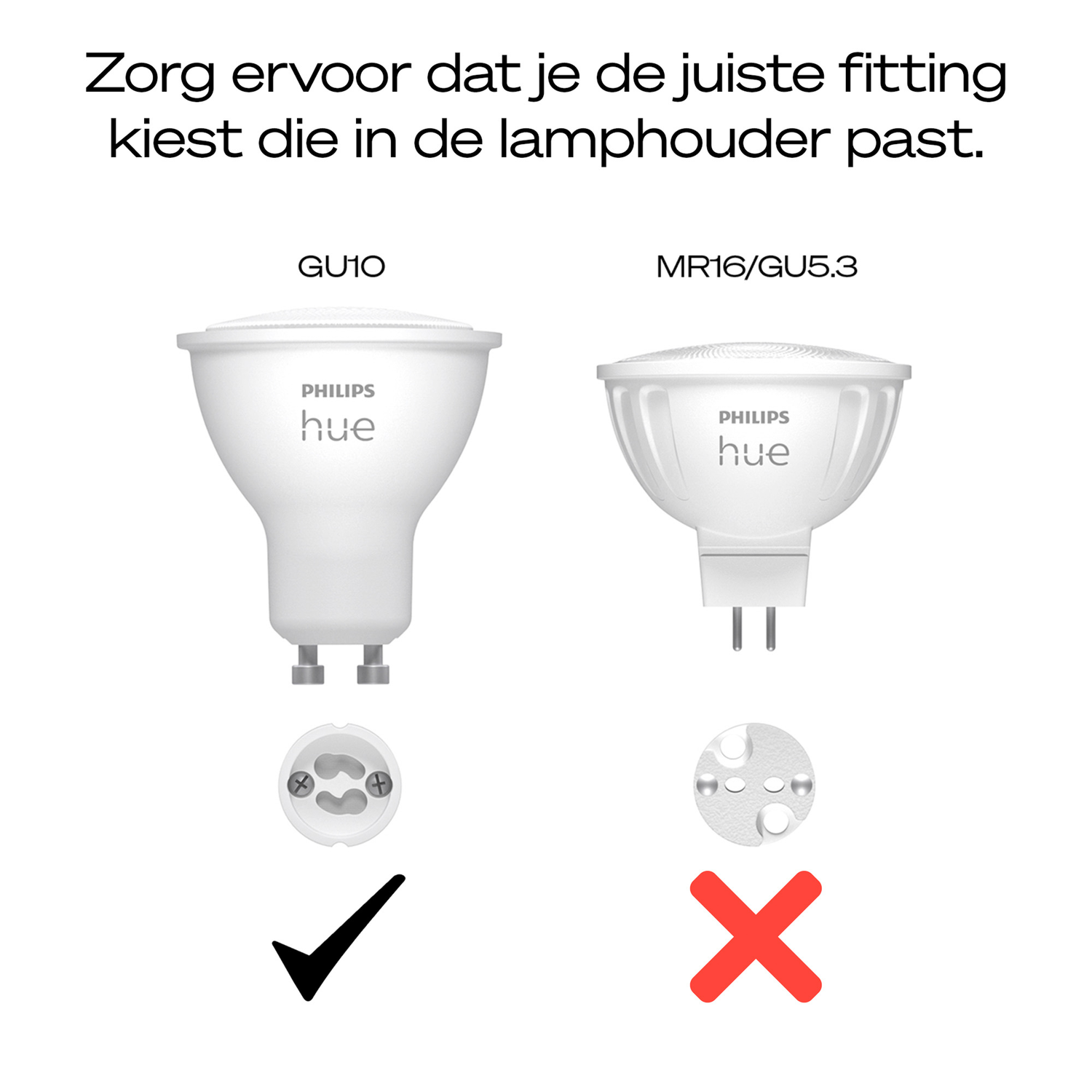 Afbeelding toont twee lampen, GU10 en MR16/GU5.3, met hun fittingen. Een vinkje geeft de juiste fitting aan en een kruis de verkeerde.