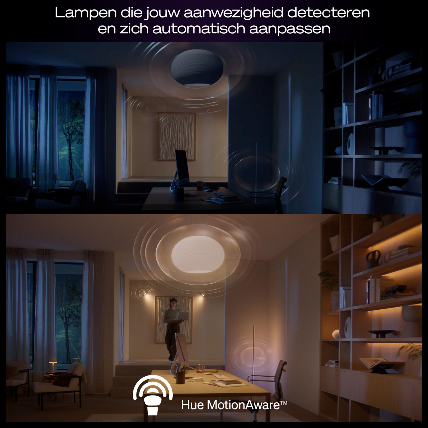 Gesplitste afbeelding met een kamer in twee verlichtingsstanden. Boven: blauwe verlichting. Onder: warme verlichting. Een persoon staat bij een bureau.