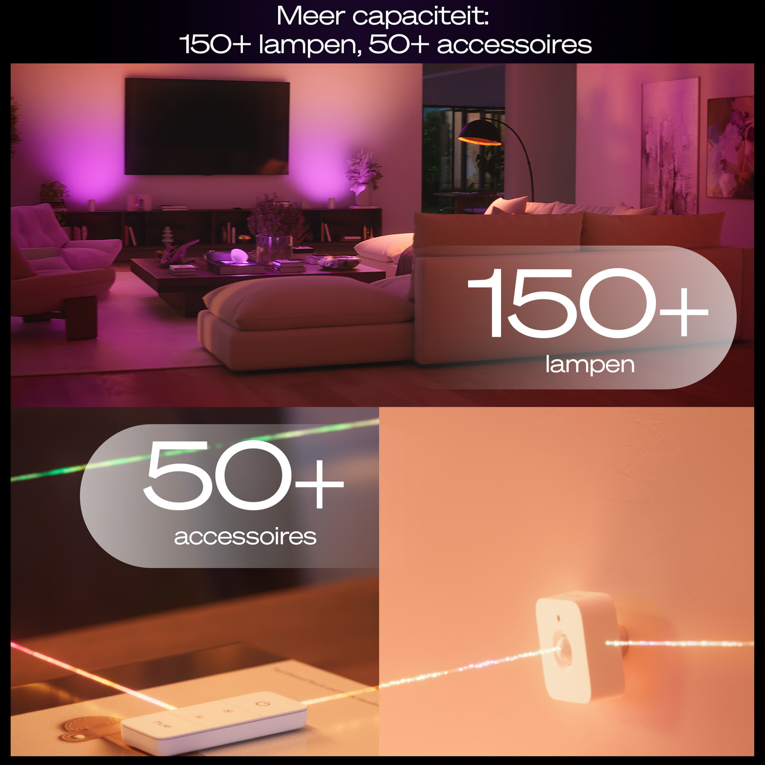 Woonkamer met slimme verlichting. Tekst zegt 150+ lampen en 50+ accessoires. Afstandsbediening en sensor getoond in het onderste deel.