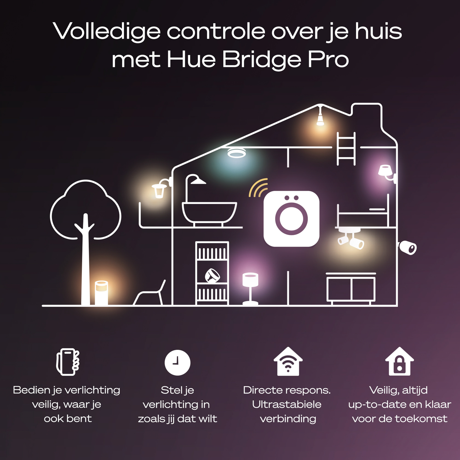 Een huisomtrek met verlichte kamers, Nederlandse tekst en pictogrammen die smart home-functies vertegenwoordigen.