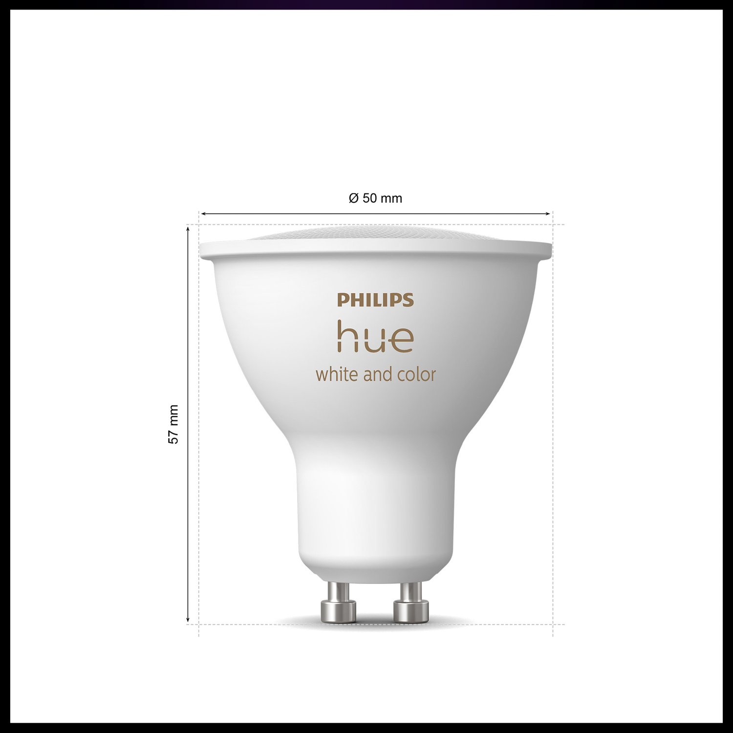 Een witte Philips Hue slimme lamp met afmetingen. De lamp heeft de tekst 'white and color'.