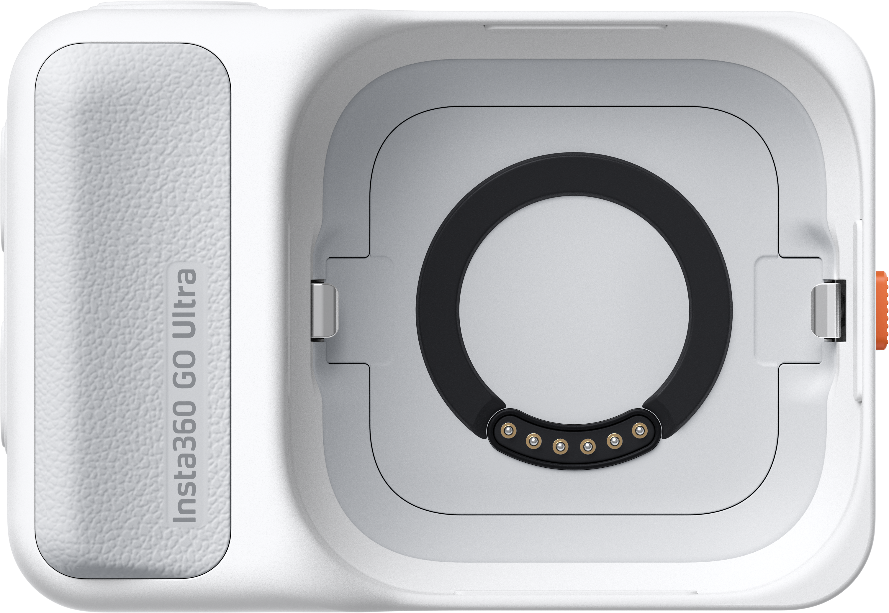 Weißes Insta360 GO Ultra Kameragehäuse. Es hat eine strukturierte Seite, einen Ladebereich mit Stiften und einen schwarzen Ring.