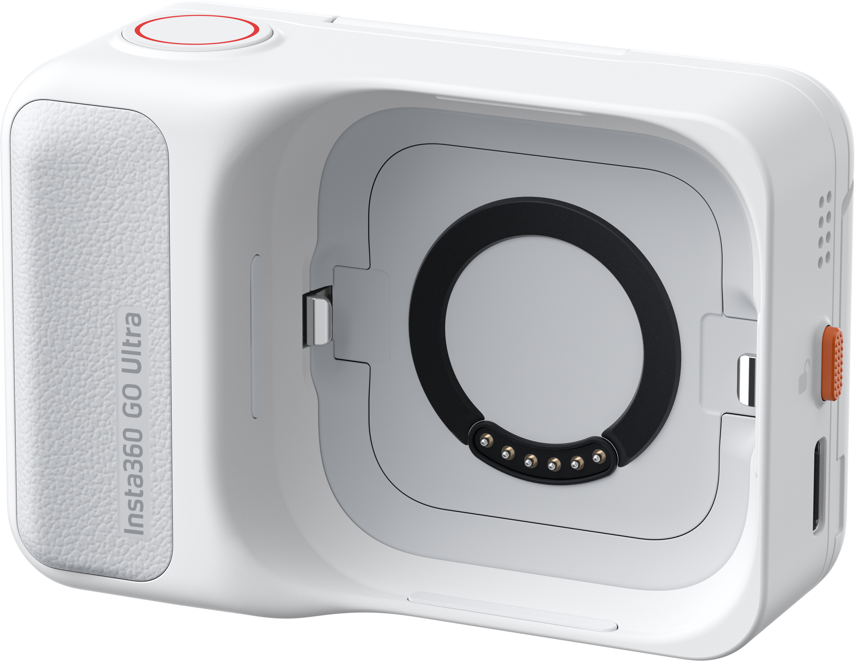 Weiße Insta360 Go Ultra Kamera. Sie hat einen roten Knopf, eine strukturierte Seite und einen schwarzen Kreis im Inneren.