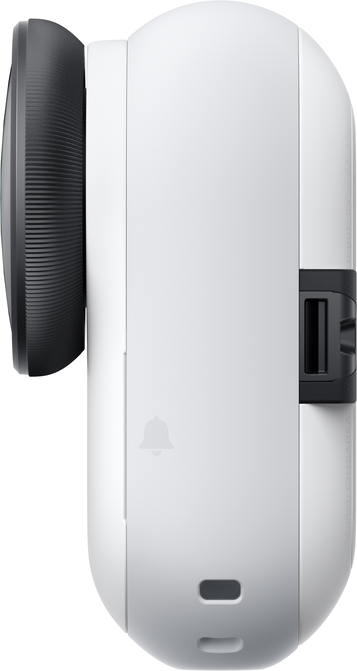 Ein weißes, abgerundetes Gerät mit einer schwarzen Linse an der Seite. Es hat einen USB-Anschluss, ein Glockensymbol und zwei kleine Öffnungen.