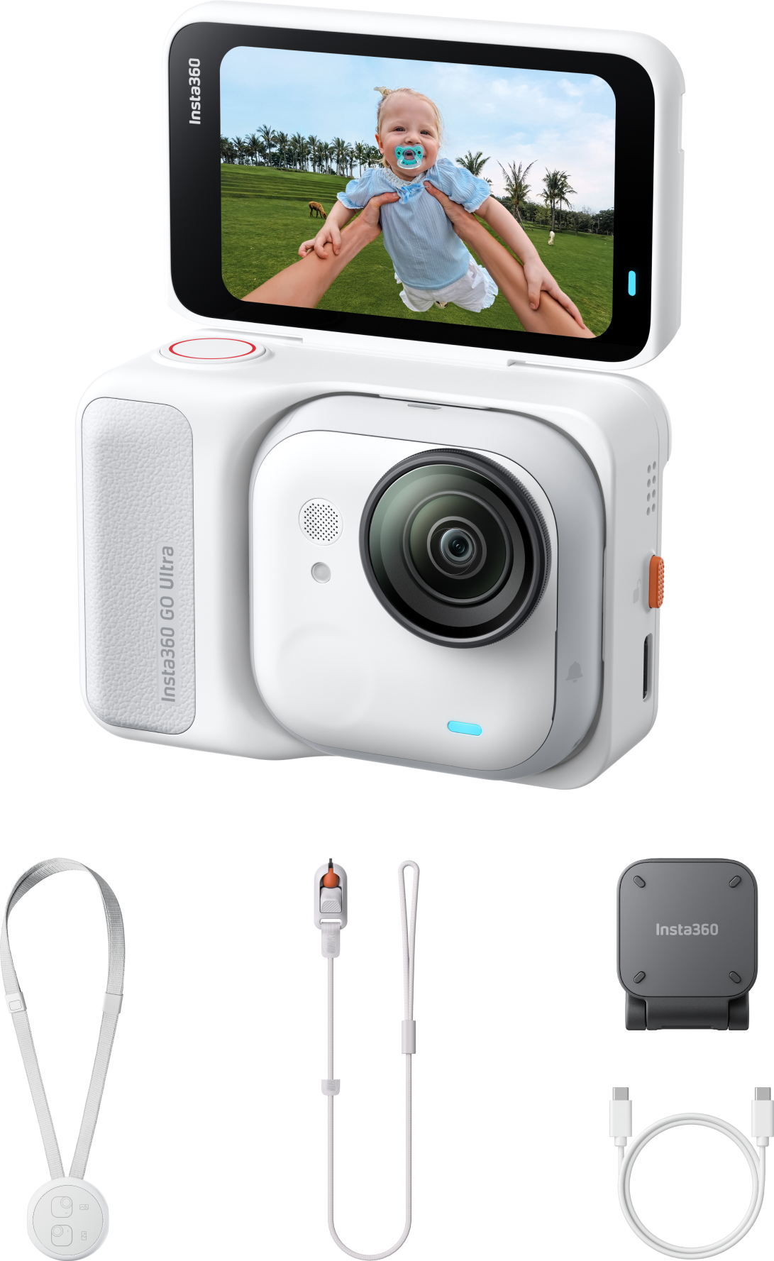 Insta360 Go Ultra Kamera mit Bildschirm, der ein Baby zeigt, das in die Luft gehalten wird. Zubehör umfasst Kabel, einen Nackengurt und einen Ständer.