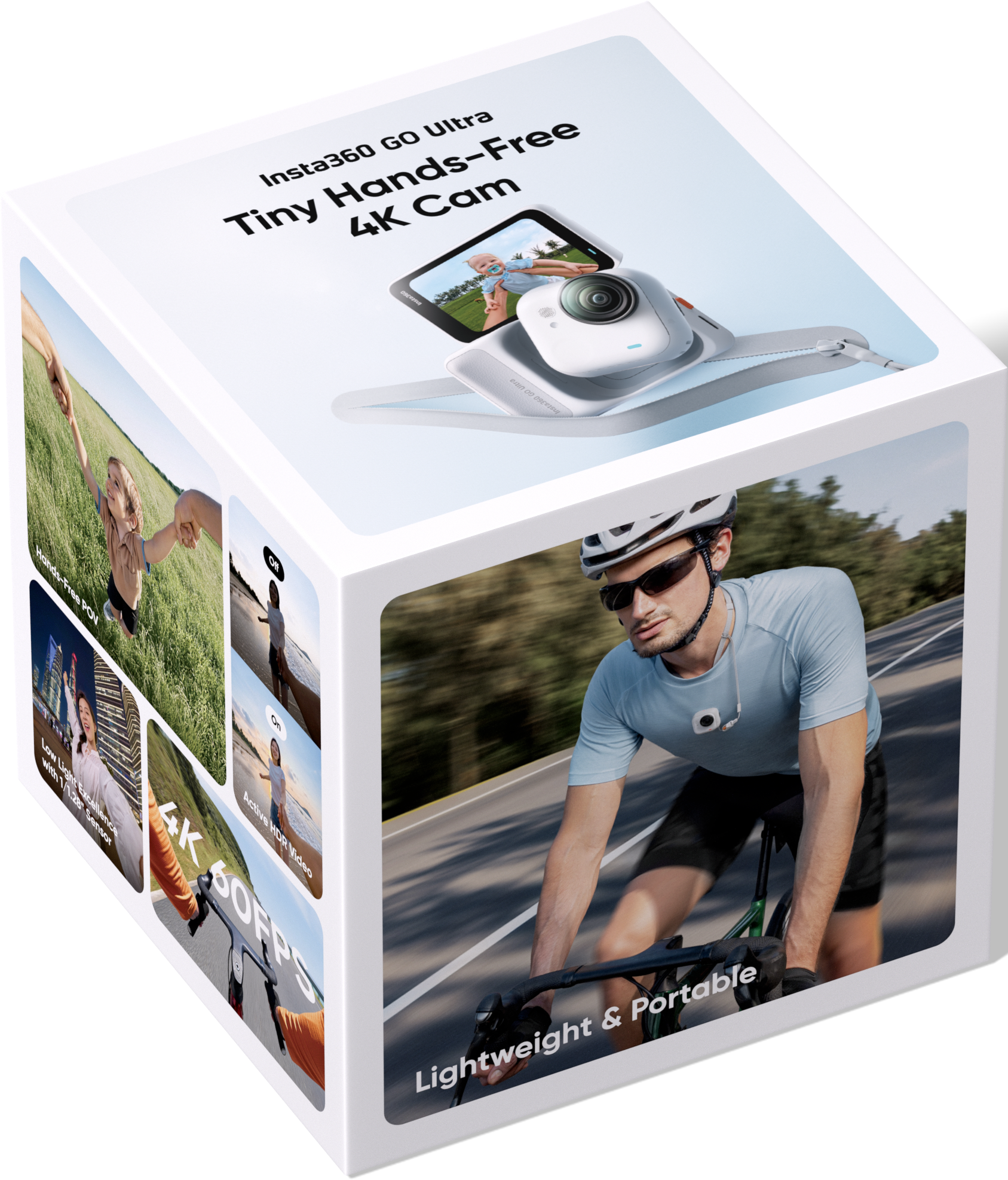 Box mit Insta360 Go Ultra Kamera. Szenen: POV des Kindes, aktives HDR-Video, Radfahrer, Stadtansicht.
