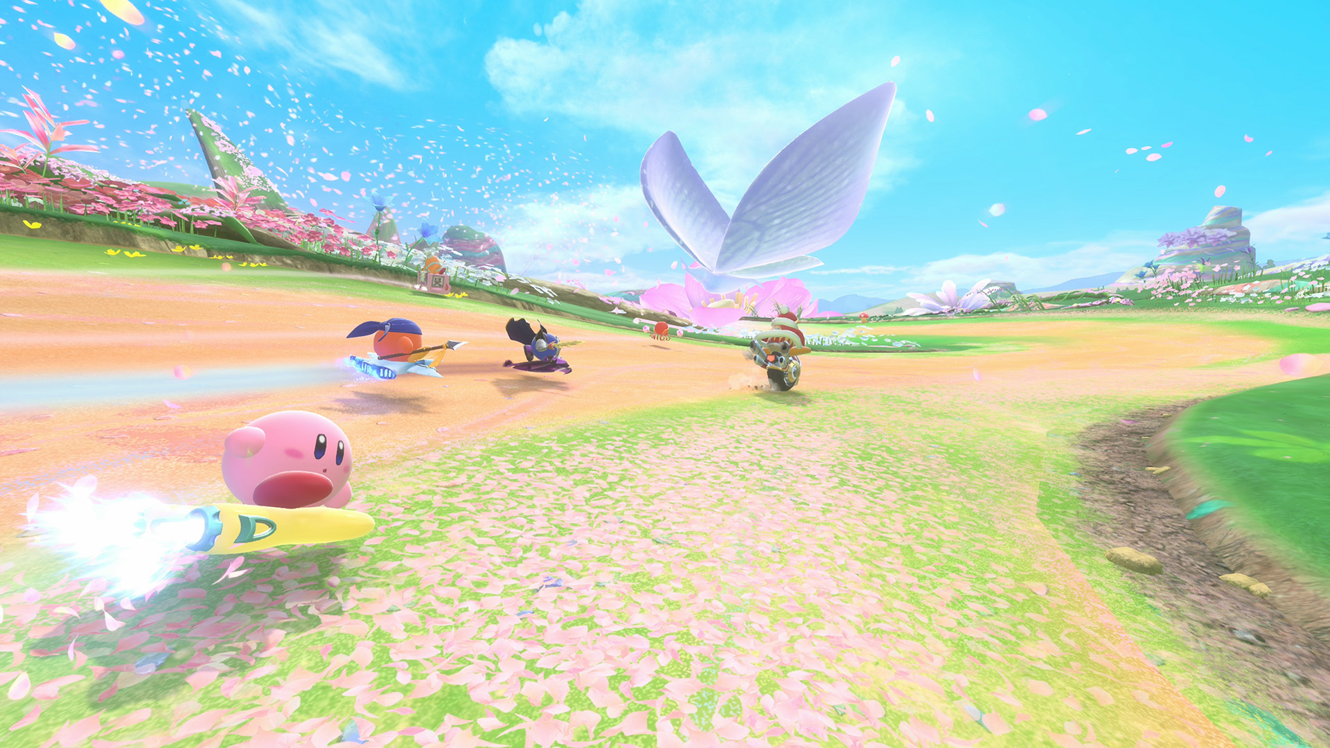 Kirby auf einem Surfbrett, andere Charaktere rennen, großer Schmetterling und Kirschblüten in einer bunten Fantasielandschaft.