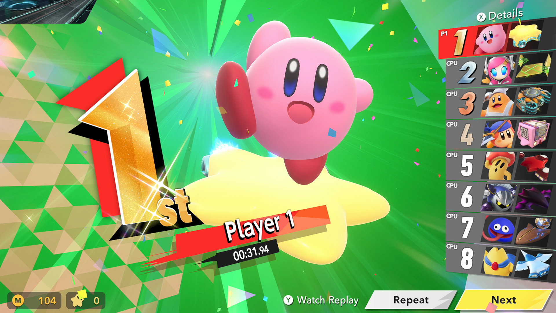 Kirby, rosa und rot, auf einem gelben Stern gewinnt das Spiel. Anzeigetafel mit anderen Charakteren und Details.