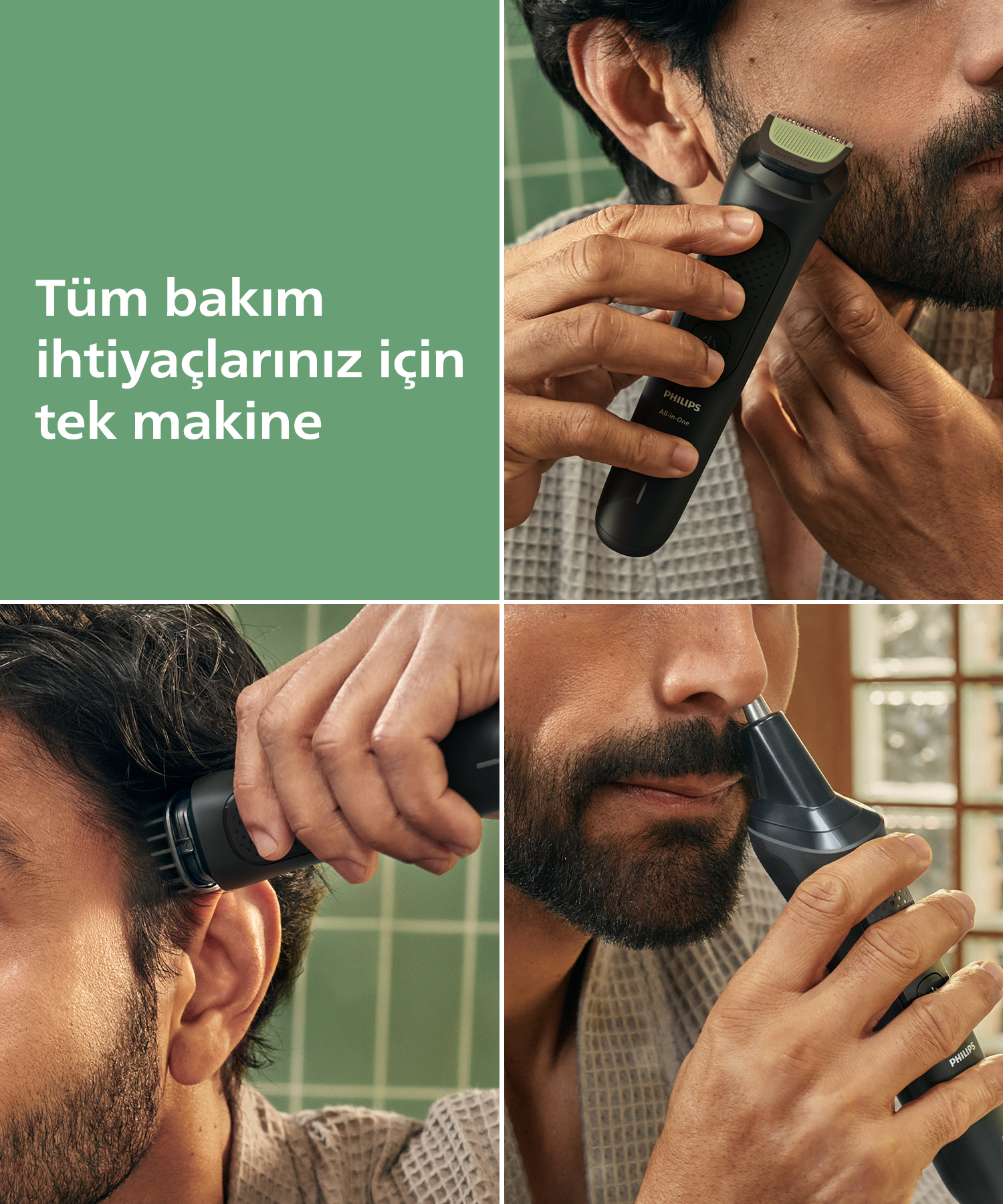 Bir adam sakalını tıraş ediyor, saçını kesiyor ve burun kılı düzeltici kullanıyor. Hepsi bir Philips bakım cihazıyla.