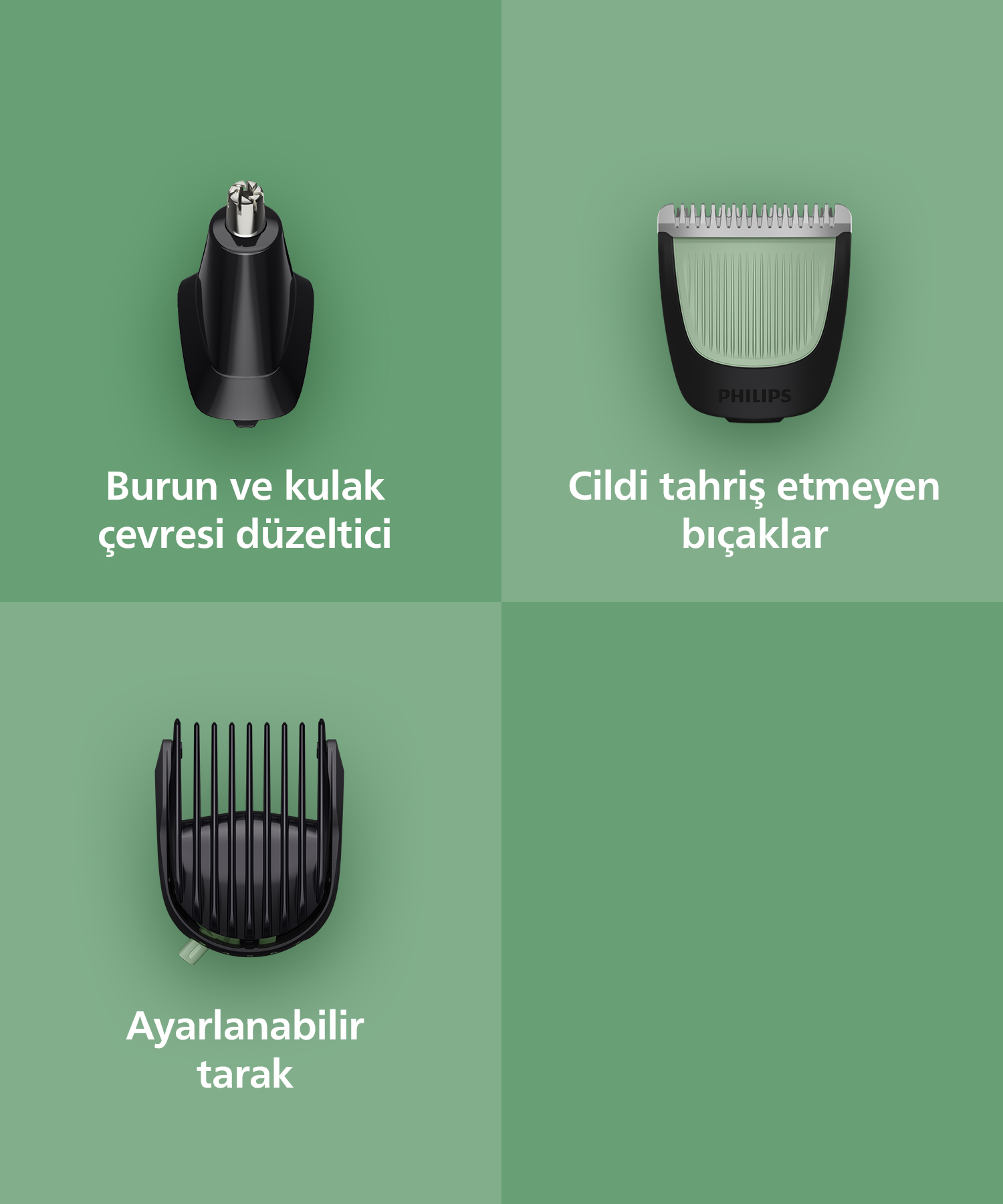 Görselde bakım aletleri yer alıyor: burun düzeltici, cilt dostu bıçaklar ve ayarlanabilir tarak, hepsi yeşil bir arka plan üzerinde.